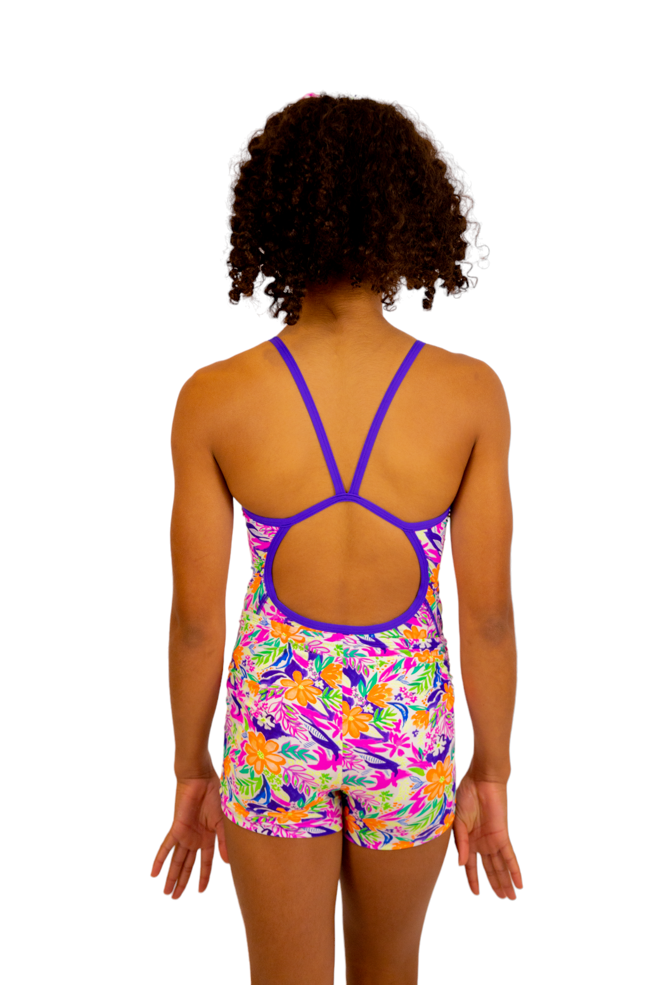 Bright Coloured Tropical Print One Piece Leotard or Swimsuit for Girls. Gymnastics Leotard, Girls Swimwear, Strappy Back, Racer Back, Tank Style, Thin Straps all Available. Fluorescent Purple, green, Yellow, Orange Flowers. Matching Scrunchie and Bike Shorts. B you Active, B you Leotards, B you Swimwear.