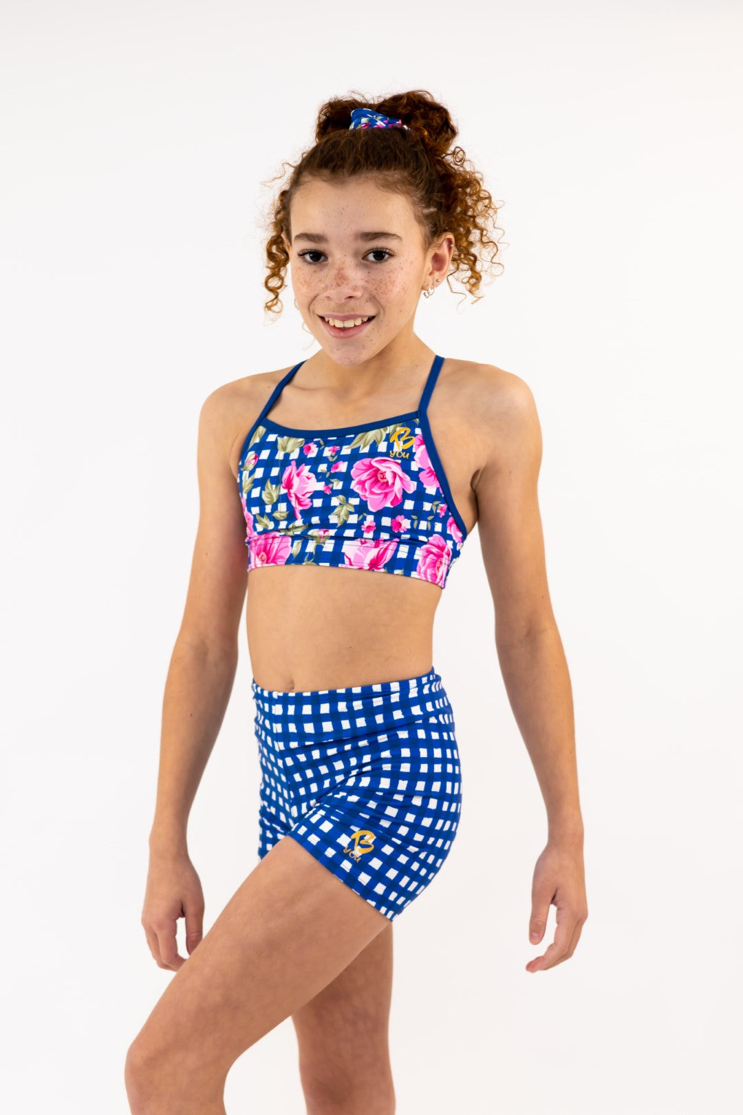 Thin Straps, Cross Back Navy Gingham Check Sports Bra, Crop Top. Girls Activewear, Girls Gymnastics Wear, Girls Swimwear, Gymnastics Leotard, Dance Leotard, Crop top Set, Gymnastics Two Piece Set, Matching Leotard and Shorts, Gymnastics Australia, USA Gymnastics. Kids Swimwear Australia. Girls Bikini Tops. Girls Bikinis. Sports Bikinis for girls. Swimsuit. Pink Flowers. Floral