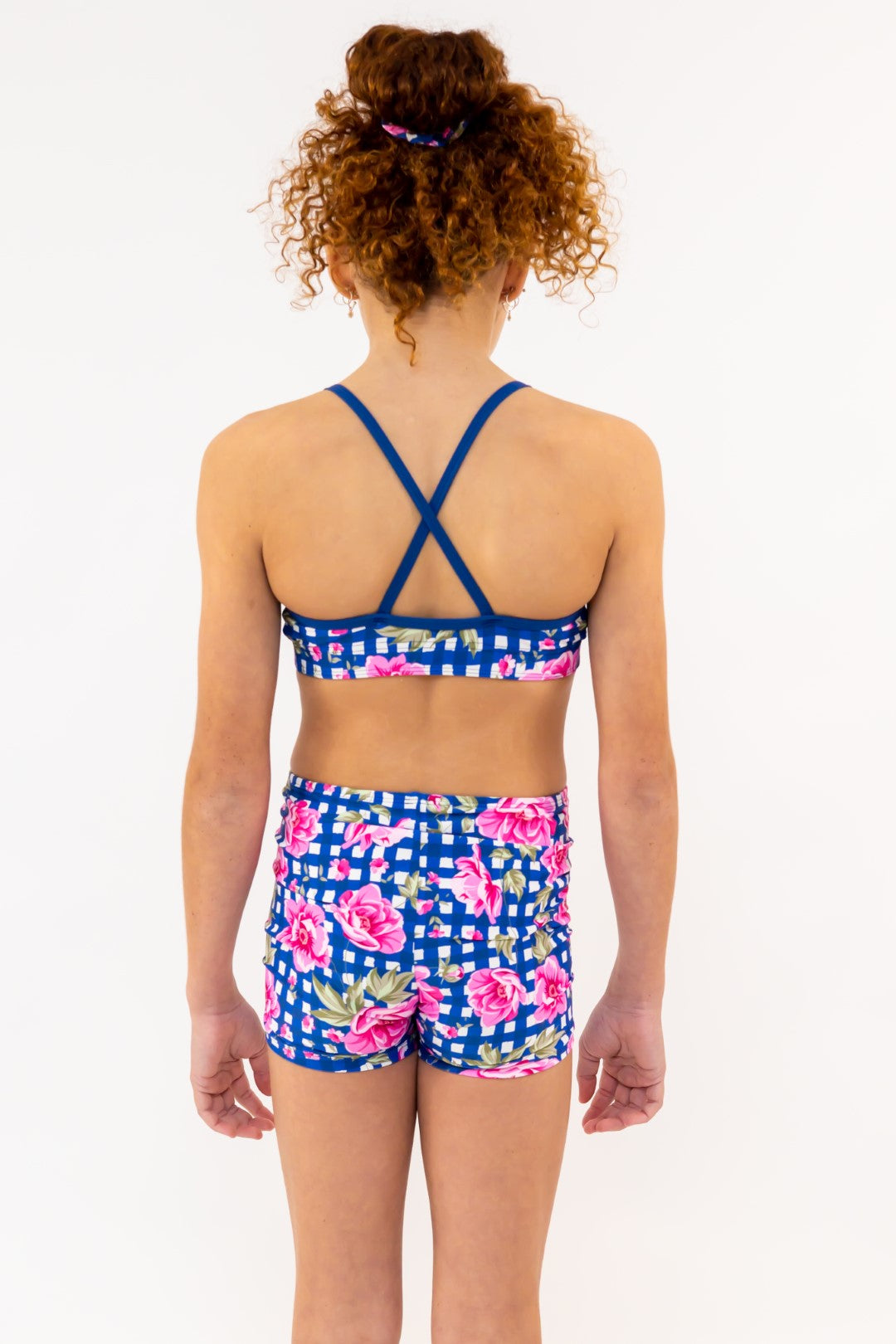 Thin Straps, Cross Back Navy Gingham Check Sports Bra, Crop Top. Girls Activewear, Girls Gymnastics Wear, Girls Swimwear, Gymnastics Leotard, Dance Leotard, Crop top Set, Gymnastics Two Piece Set, Matching Leotard and Shorts, Gymnastics Australia, USA Gymnastics. Kids Swimwear Australia. Girls Bikini Tops. Girls Bikinis. Sports Bikinis for girls. Swimsuit. Pink Flowers. Floral