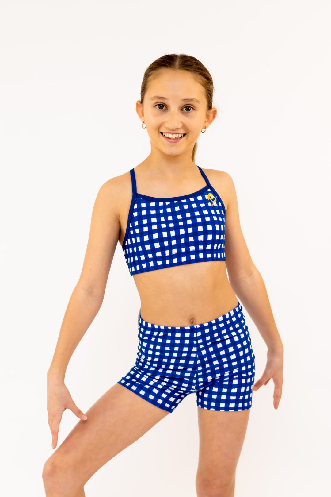 Thin Straps, Cross Back Navy Gingham Check Sports Bra, Crop Top. Girls Activewear, Girls Gymnastics Wear, Girls Swimwear, Gymnastics Leotard, Dance Leotard, Crop top Set, Gymnastics Two Piece Set, Matching Leotard and Shorts, Gymnastics Australia, USA Gymnastics. Kids Swimwear Australia. Girls Bikini Tops. Girls Bikinis. Sports Bikinis for girls. Swimsuit.