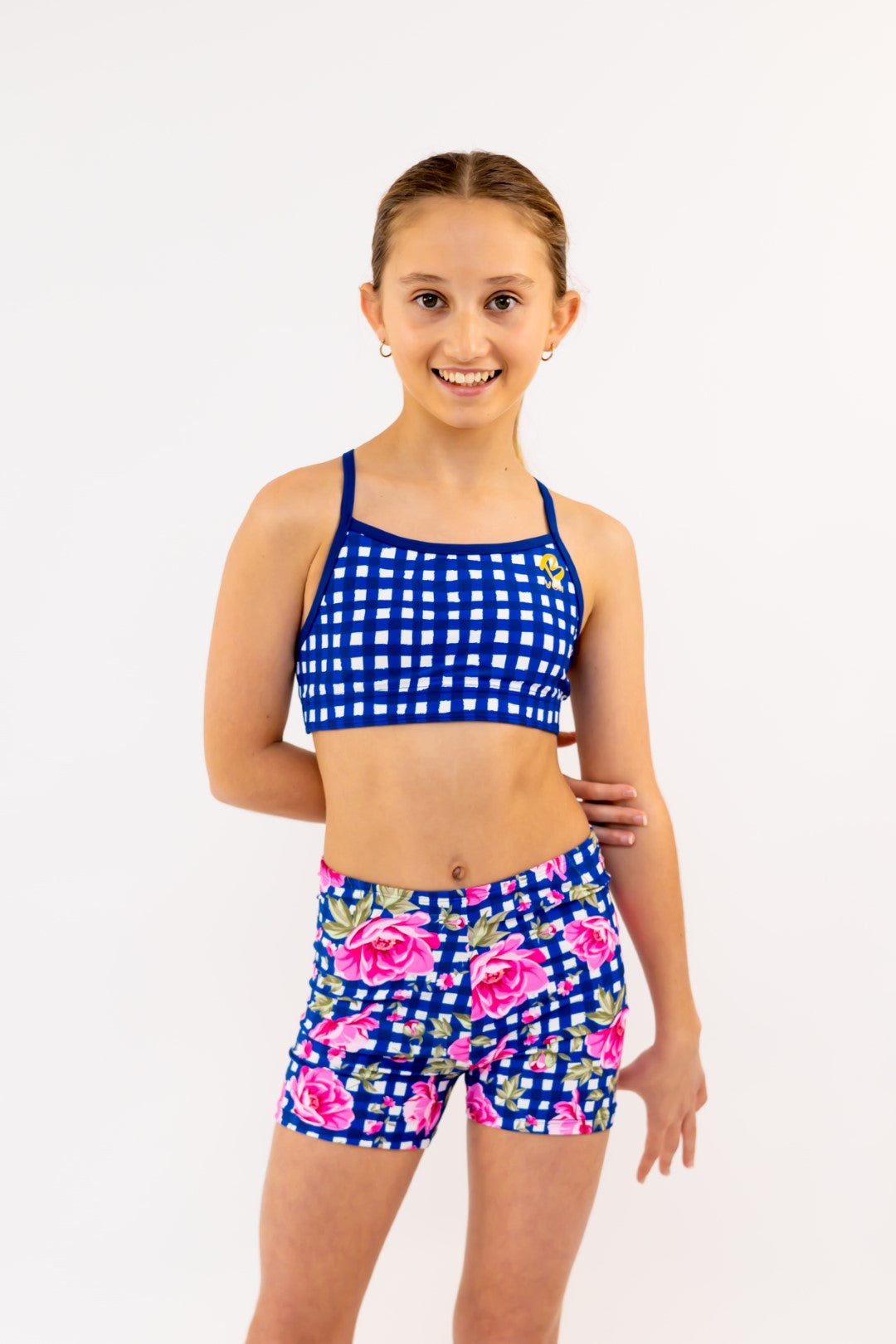 Thin Straps, Cross Back Navy Gingham Check Sports Bra, Crop Top. Girls Activewear, Girls Gymnastics Wear, Girls Swimwear, Gymnastics Leotard, Dance Leotard, Crop top Set, Gymnastics Two Piece Set, Matching Leotard and Shorts, Gymnastics Australia, USA Gymnastics. Kids Swimwear Australia. Girls Bikini Tops. Girls Bikinis. Sports Bikinis for girls. Swimsuit.