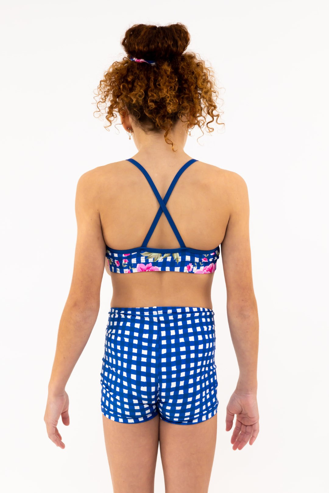 Thin Straps, Cross Back Navy Gingham Check Sports Bra, Crop Top. Girls Activewear, Girls Gymnastics Wear, Girls Swimwear, Gymnastics Leotard, Dance Leotard, Crop top Set, Gymnastics Two Piece Set, Matching Leotard and Shorts, Gymnastics Australia, USA Gymnastics. Kids Swimwear Australia. Girls Bikini Tops. Girls Bikinis. Sports Bikinis for girls. Swimsuit. Pink Flowers. Floral