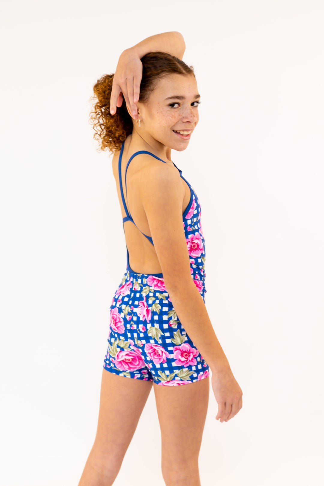 Navy Gingham Check Pink Flower Bike Shorts, Bike Pants with Gold Logo. Girls Activewear, Girls Gymnastics Wear, Girls Swimwear, Gymnastics Leotard, Dance Leotard, Booty Shorts, Crop top Set, Two Piece Set, Matching Leotard and Shorts, Bicycle Shorts, Gymnastics Australia, USA Gymnastics, Girls Leggings, Girls Tights, Girls Shorts. Coloured Bike Shorts. Gymnastics Shorts. Floral