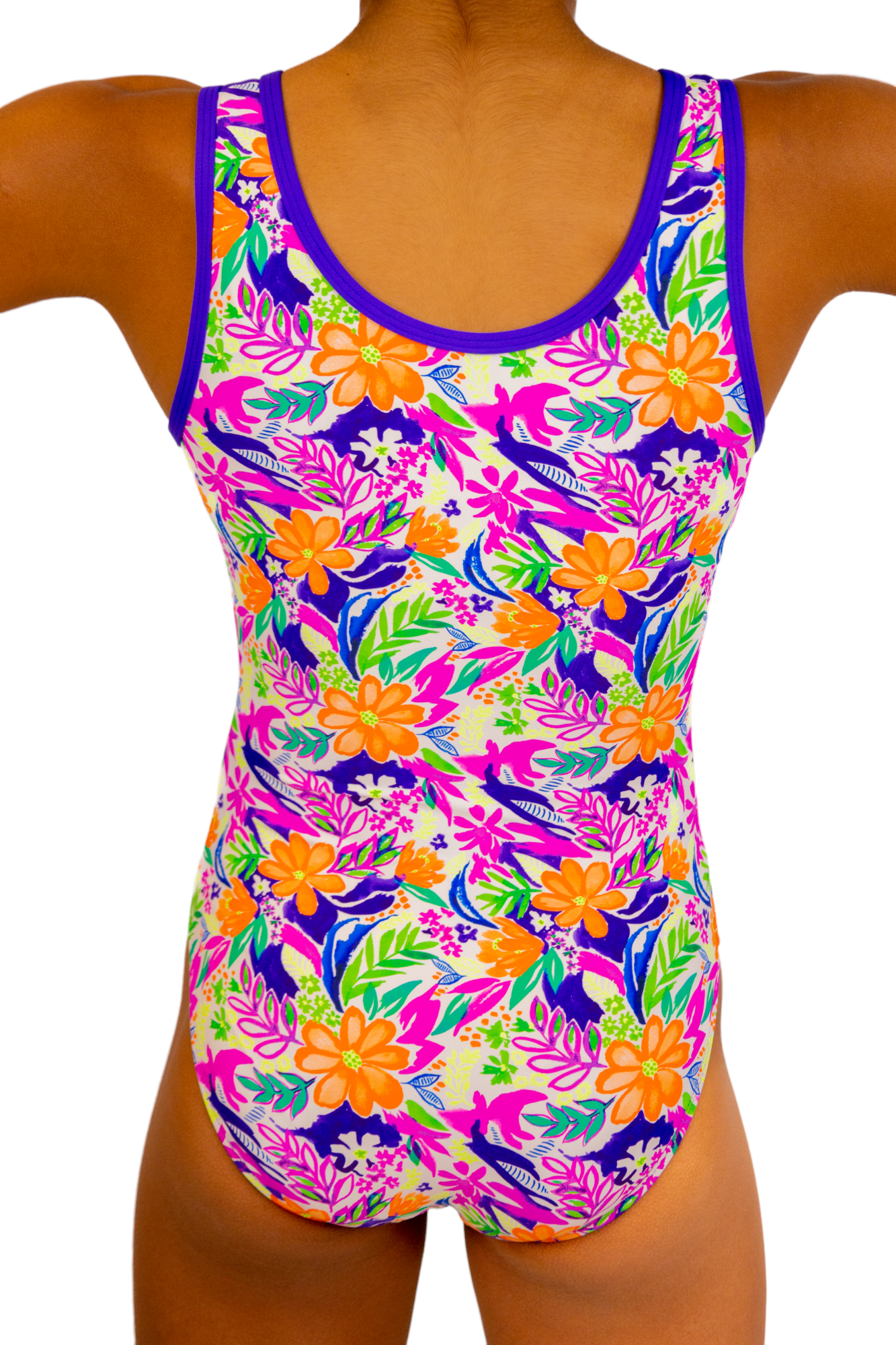 Bright Coloured Tropical Print One Piece Leotard or Swimsuit for Girls. Gymnastics Leotard, Girls Swimwear, Strappy Back, Racer Back, Tank Style, Thin Straps all Available. Fluorescent Purple, green, Yellow, Orange Flowers. Matching Scrunchie and Bike Shorts. B you Active, B you Leotards, B you Swimwear.