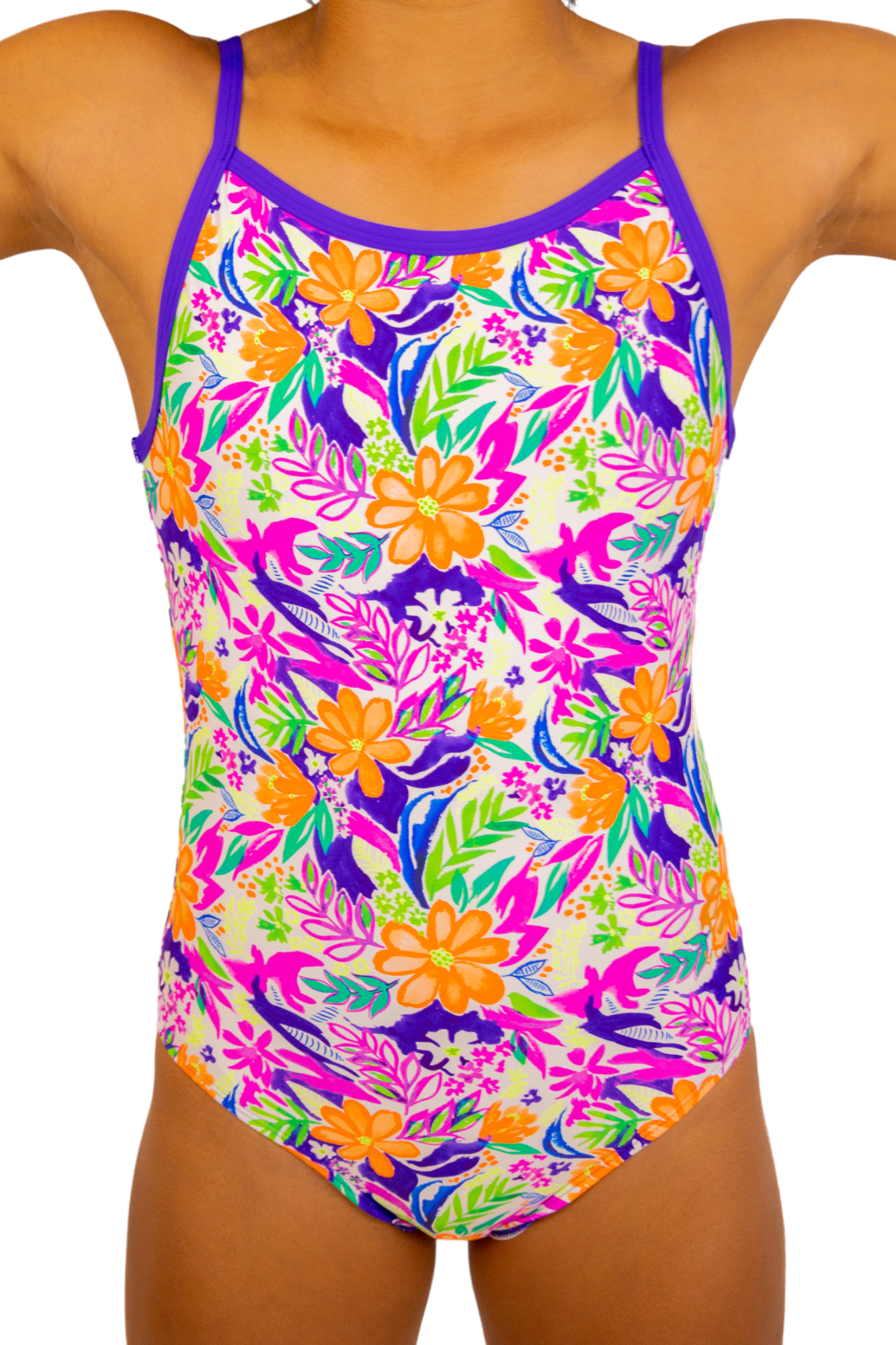 Bright Coloured Tropical Print One Piece Leotard or Swimsuit for Girls. Gymnastics Leotard, Girls Swimwear, Strappy Back, Racer Back, Tank Style, Thin Straps all Available. Fluorescent Purple, green, Yellow, Orange Flowers. Matching Scrunchie and Bike Shorts. B you Active, B you Leotards, B you Swimwear.