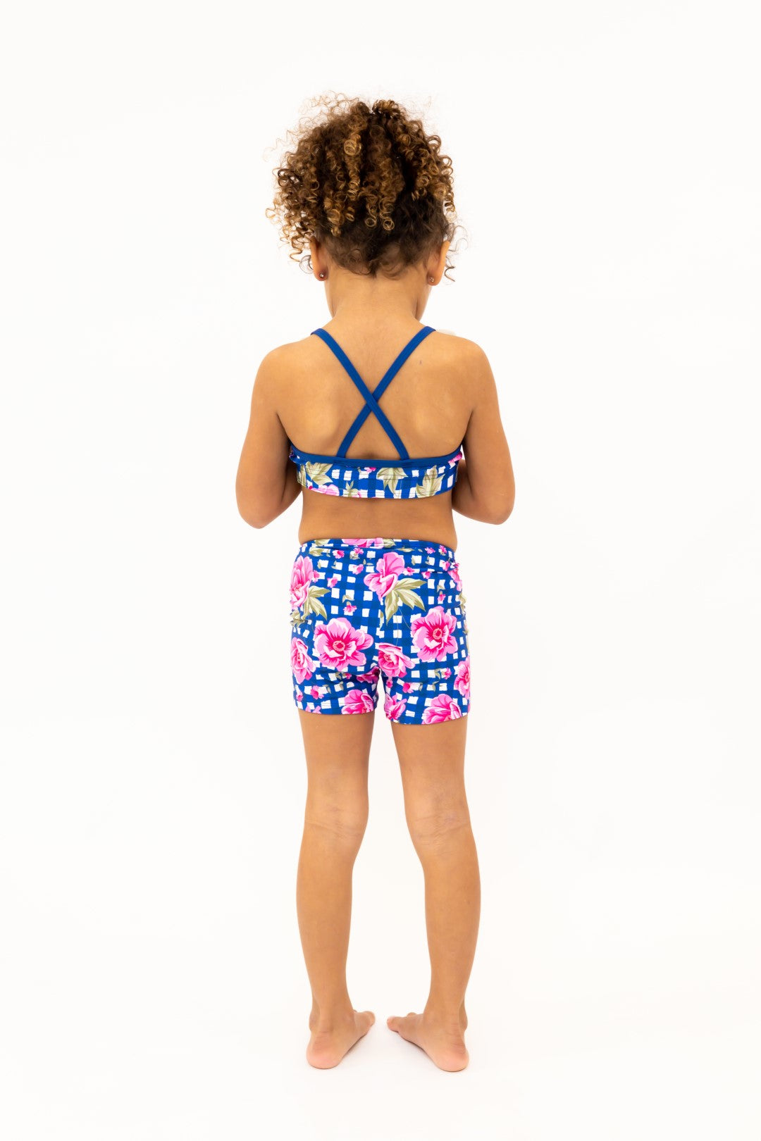 Navy Gingham Check Pink Flower Bike Shorts, Bike Pants with Gold Logo. Girls Activewear, Girls Gymnastics Wear, Girls Swimwear, Gymnastics Leotard, Dance Leotard, Booty Shorts, Crop top Set, Two Piece Set, Matching Leotard and Shorts, Bicycle Shorts, Gymnastics Australia, USA Gymnastics, Girls Leggings, Girls Tights, Girls Shorts. Coloured Bike Shorts. Gymnastics Shorts. Floral
