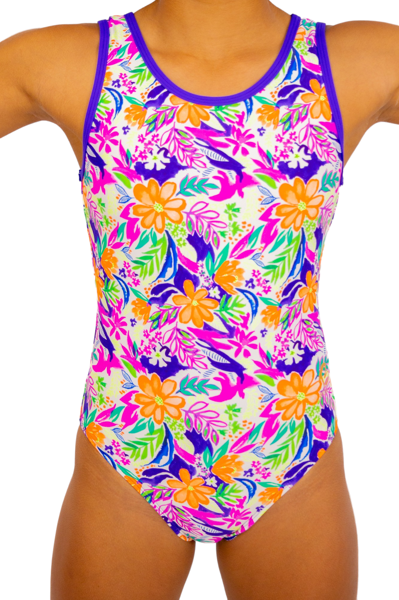 Bright Coloured Tropical Print One Piece Leotard or Swimsuit for Girls. Gymnastics Leotard, Girls Swimwear, Strappy Back, Racer Back, Tank Style, Thin Straps all Available. Fluorescent Purple, green, Yellow, Orange Flowers. Matching Scrunchie and Bike Shorts. B you Active, B you Leotards, B you Swimwear.