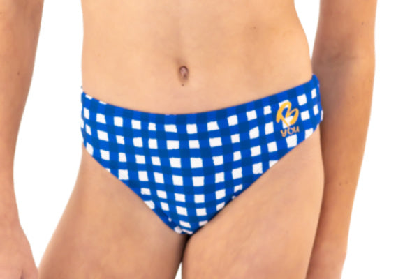 Navy Gingham Check Bikini Bottoms for kids, Girls Swimwear with Gold Logo. Girls Activewear, Girls Gymnastics Wear, Kids Swimwear, Gymnastics Leotard, Dance Leotard, Crop top Set, Two Piece Set, Mix and Match Swimwear, Girls Bikinis, Gymnastics Australia, USA Gymnastics, Girls Leggings, Girls Tights, Girls Shorts. Coloured Bikini Bottoms. Swimsuit.