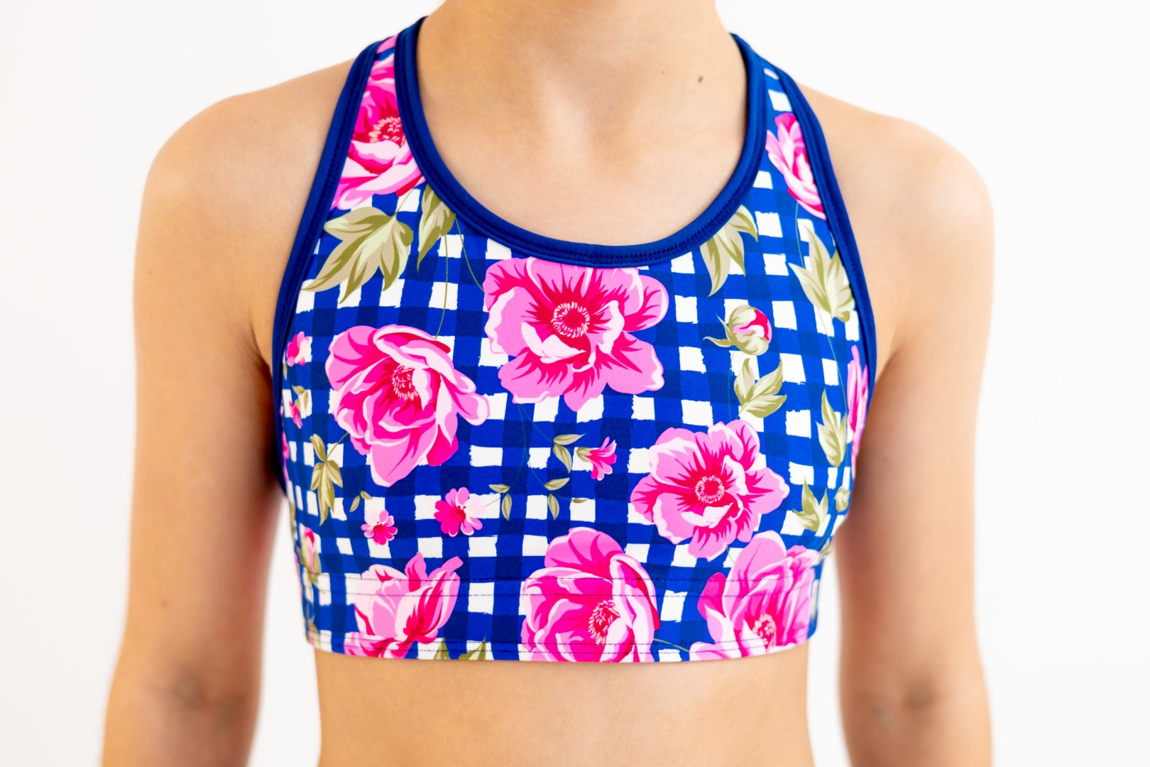 Racerback Navy Gingham Check Sports Bra, Crop Top. Girls Activewear, Girls Gymnastics Wear, Girls Swimwear, Gymnastics Leotard, Dance Leotard, Crop top Set, Gymnastics Two Piece Set, Matching Leotard and Shorts, Gymnastics Australia, USA Gymnastics. Kids Swimwear Australia. Girls Bikini Tops. Girls Bikinis. Sports Bikinis for girls. Swimsuit. Pink Flowers. Floral