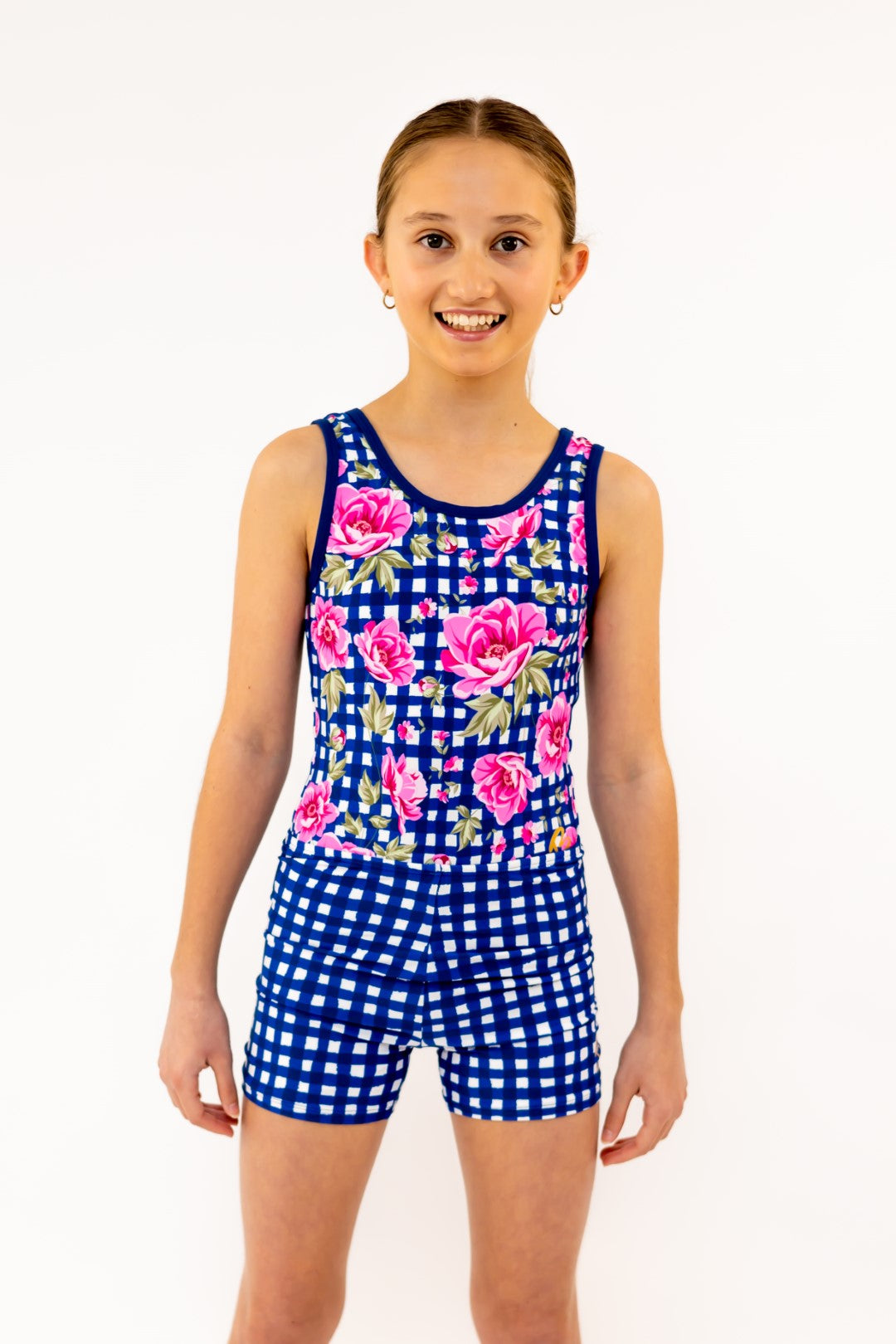 Navy Gingham Check Bike Shorts, Bike Pants with Gold Logo. Girls Activewear, Girls Gymnastics Wear, Girls Swimwear, Gymnastics Leotard, Dance Leotard, Booty Shorts, Crop top Set, Two Piece Set, Matching Leotard and Shorts, Bicycle Shorts, Gymnastics Australia, USA Gymnastics, Girls Leggings, Girls Tights, Girls Shorts. Coloured Bike Shorts. Gymnastics Shorts