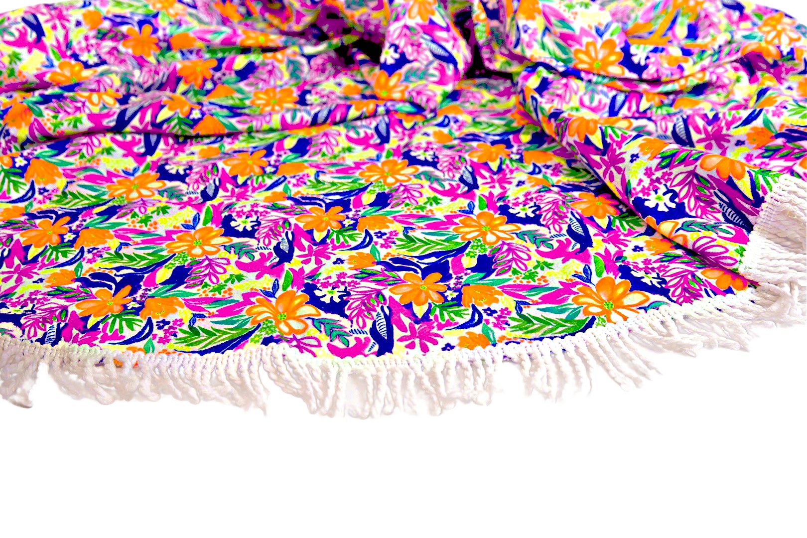 Fluorescent Tropical Print Round Beach Towel for Girls. With white tassels. B you Active, B you Swimwear, B you leotards, Girls matching Swimwear