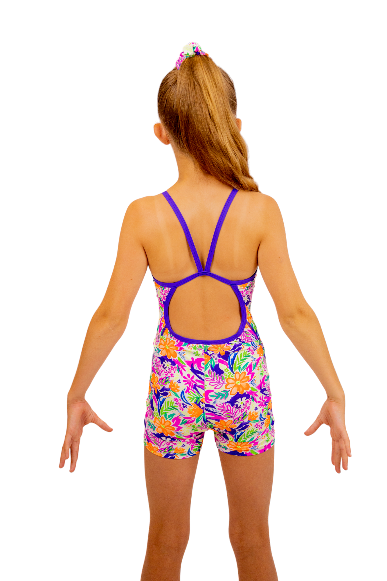 Bright Coloured Tropical Print One Piece Leotard or Swimsuit for Girls. Gymnastics Leotard, Girls Swimwear, Strappy Back, Racer Back, Tank Style, Thin Straps all Available. Fluorescent Purple, green, Yellow, Orange Flowers. Matching Scrunchie and Bike Shorts. B you Active, B you Leotards, B you Swimwear.