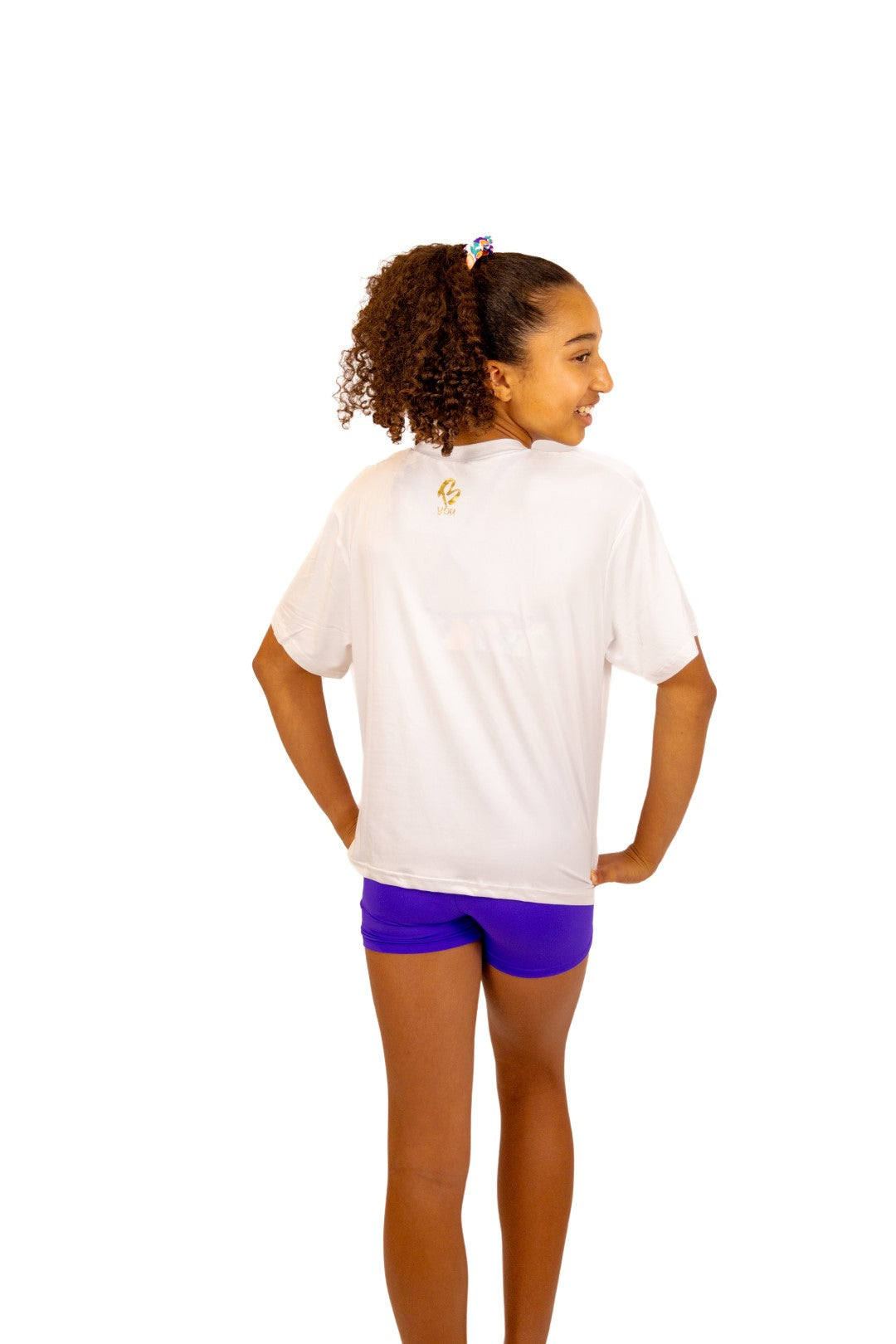 Soft Cropped White T Shirt for Girls. Tropical Print with B you Logo on a White Background. Activewear for Girls, Gymnastics wear, girls clothing, leotards. Girls Sports Clothing. B you Active, B you leotards, B you Swimwear.