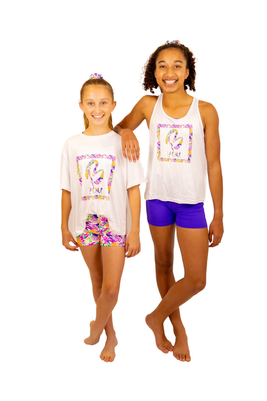 Soft Cropped White T Shirt for Girls. Tropical Print with B you Logo on a White Background. Activewear for Girls, Gymnastics wear, girls clothing, leotards. Girls Sports Clothing. B you Active, B you leotards, B you Swimwear.
