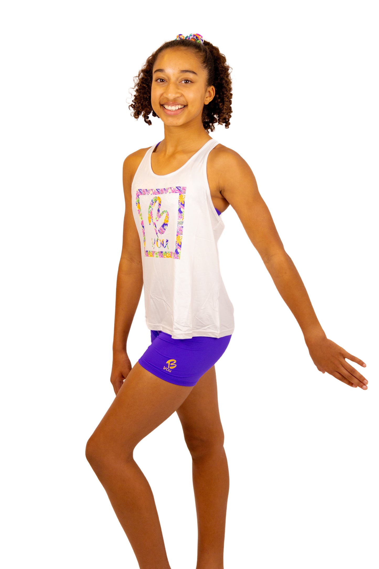 Singlet Top or Tank Top for Girls. Tropical Print with B you Logo on a White Background. Activewear for Girls, Gymnastics wear, girls clothing, leotards. Girls Sports Clothing. B you Active, B you leotards, B you Swimwear.
