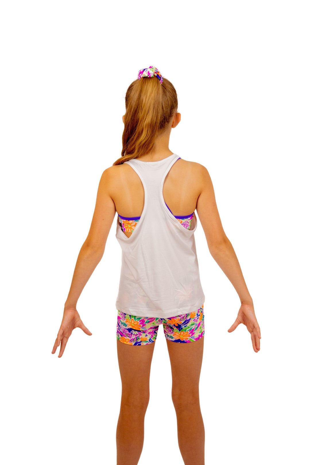 Singlet Top or Tank Top for Girls. Tropical Print with B you Logo on a White Background. Activewear for Girls, Gymnastics wear, girls clothing, leotards. Girls Sports Clothing. B you Active, B you leotards, B you Swimwear.