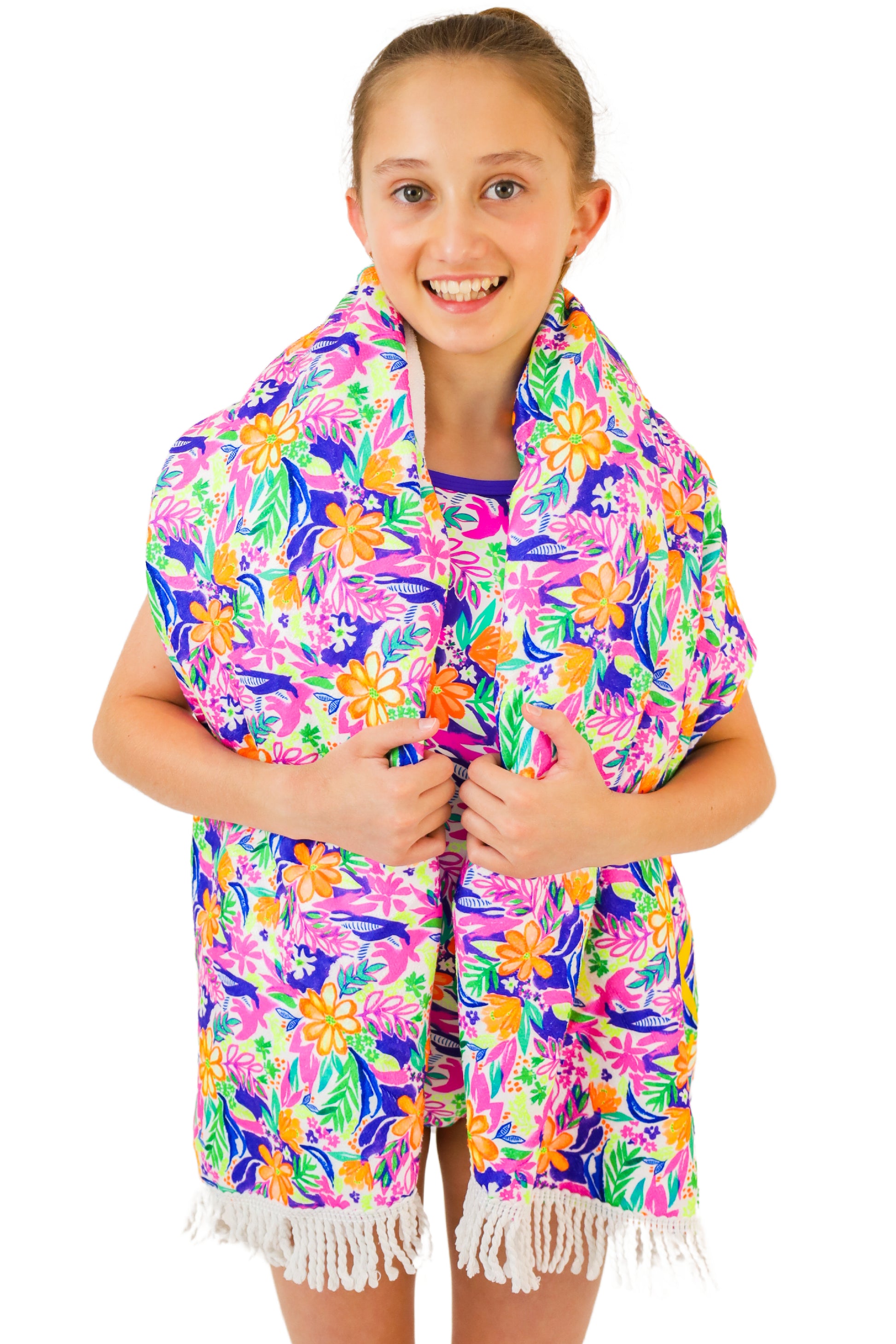 Fluorescent Tropical Print Round Beach Towel for Girls. With white tassels. B you Active, B you Swimwear, B you leotards, Girls matching Swimwear