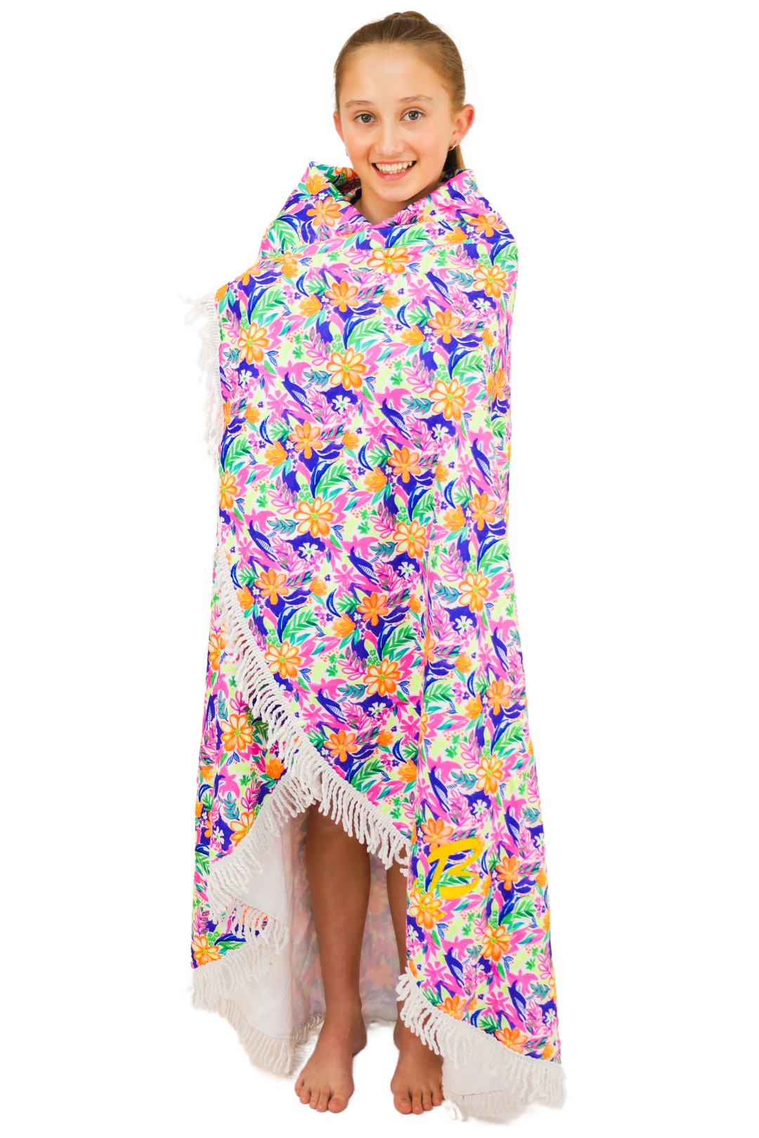 Fluorescent Tropical Print Round Beach Towel for Girls. With white tassels. B you Active, B you Swimwear, B you leotards, Girls matching Swimwear