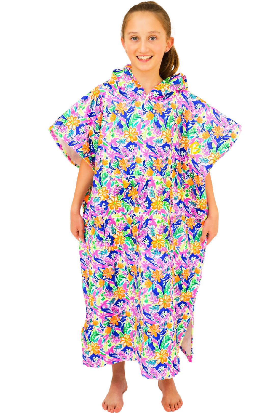 Fluorescent Tropical Print Hooded Towel for Girls and Kids. Matching swimwear available. Cotton Hooded Towels for swimming and the beach. B you Active, Swimwear and Leotards. Activewear for girls.