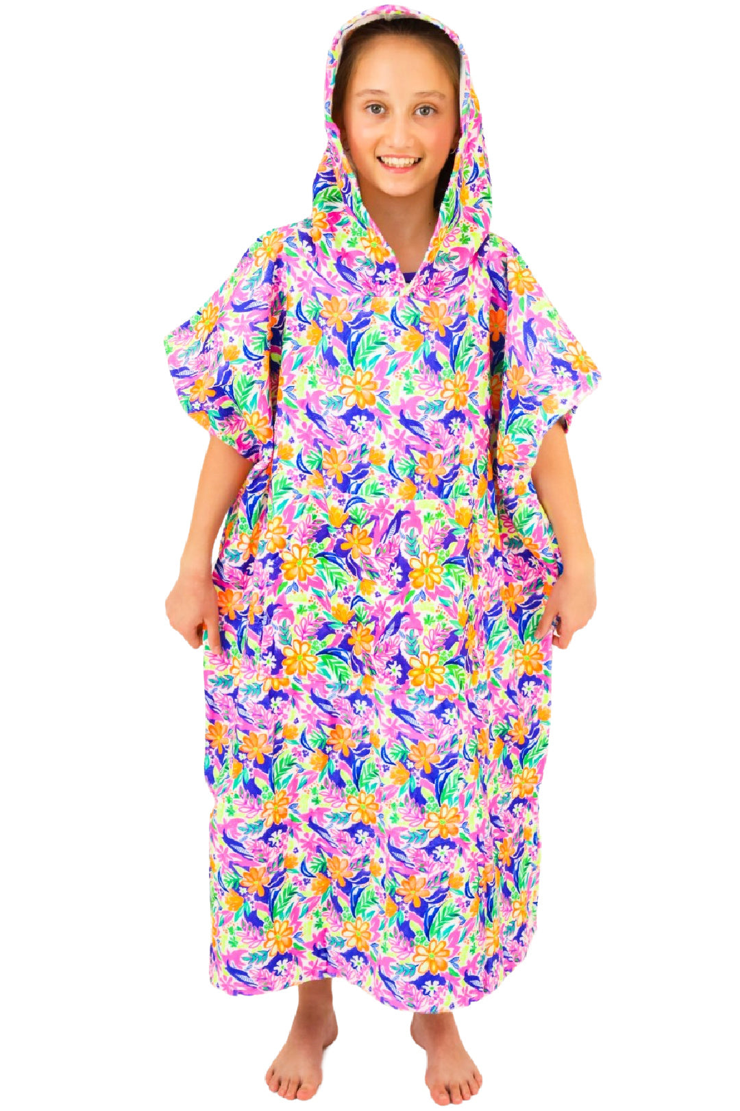 Fluorescent Tropical Print Hooded Towel for Girls and Kids. Matching swimwear available. Cotton Hooded Towels for swimming and the beach. B you Active, Swimwear and Leotards. Activewear for girls.