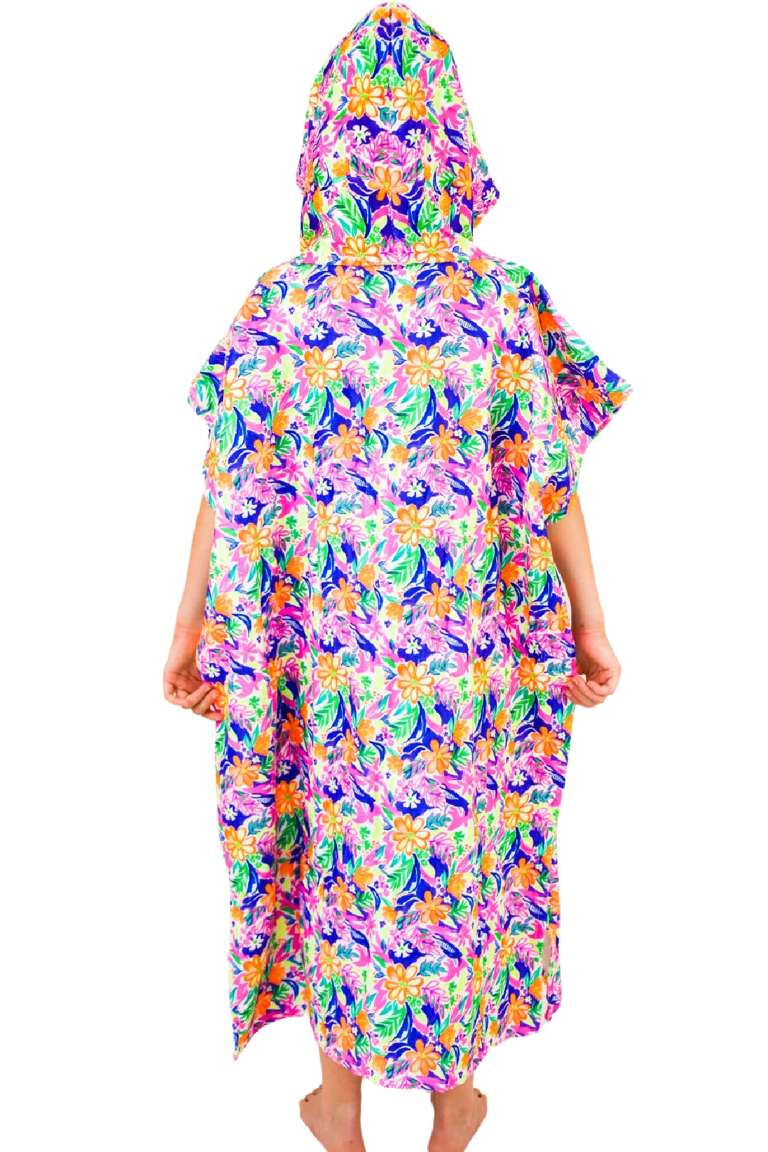Fluorescent Tropical Print Hooded Towel for Girls and Kids. Matching swimwear available. Cotton Hooded Towels for swimming and the beach. B you Active, Swimwear and Leotards. Activewear for girls.