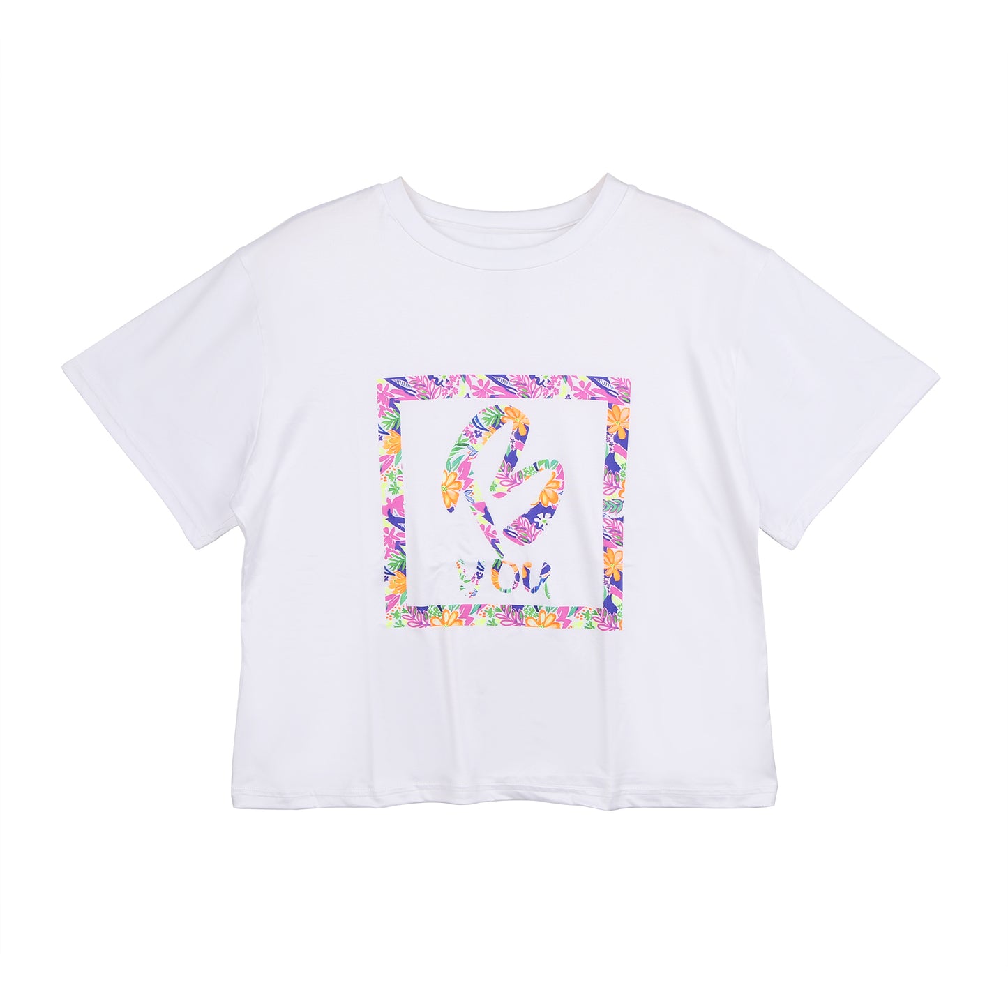 Soft Cropped White T Shirt for Girls. Tropical Print with B you Logo on a White Background. Activewear for Girls, Gymnastics wear, girls clothing, leotards. Girls Sports Clothing. B you Active, B you leotards, B you Swimwear.