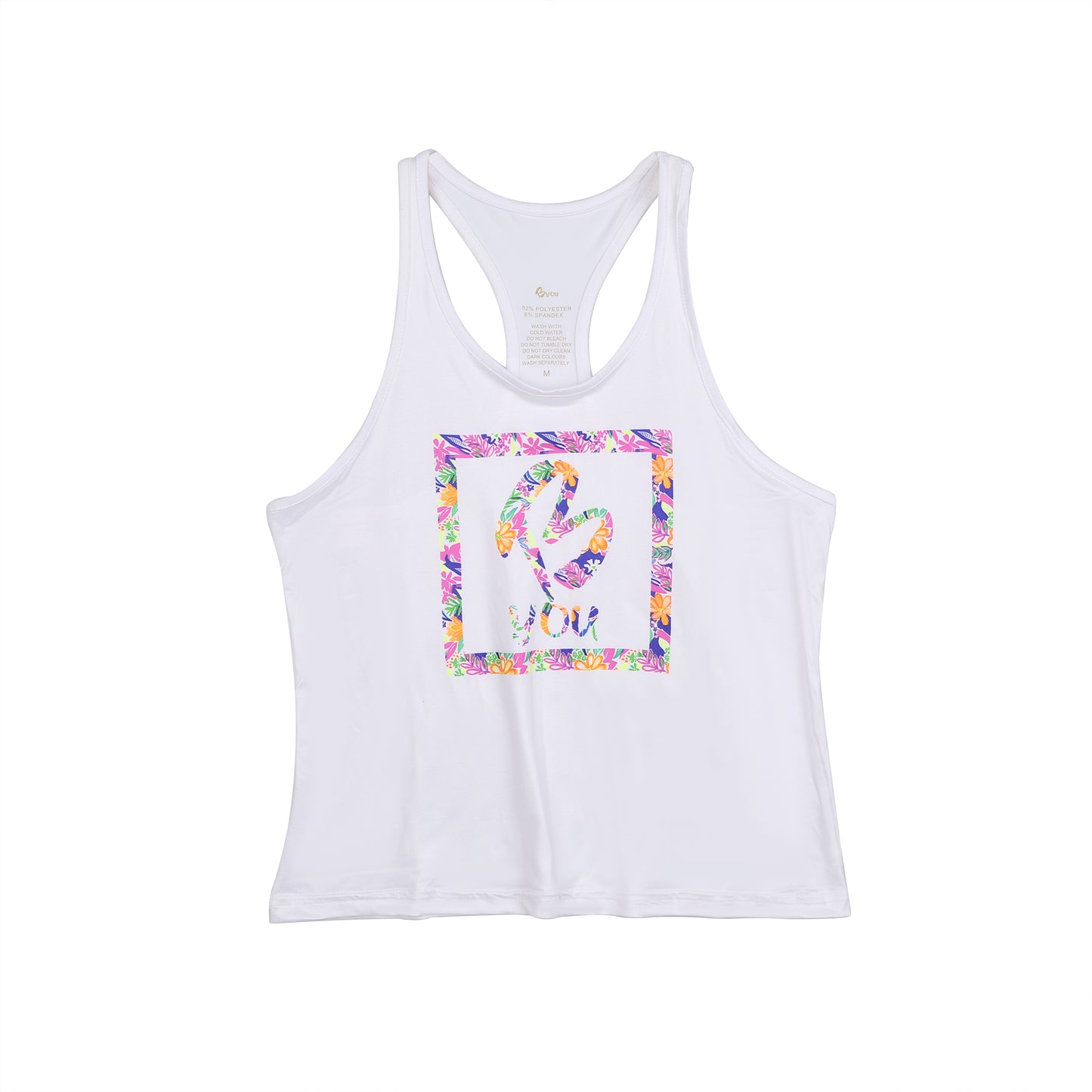 Singlet Top or Tank Top for Girls. Tropical Print with B you Logo on a White Background. Activewear for Girls, Gymnastics wear, girls clothing, leotards. Girls Sports Clothing. B you Active, B you leotards, B you Swimwear.