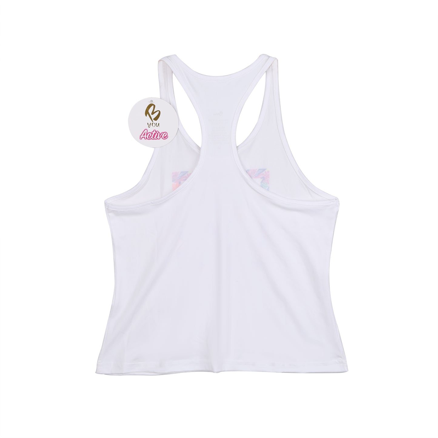Singlet Top or Tank Top for Girls. Tropical Print with B you Logo on a White Background. Activewear for Girls, Gymnastics wear, girls clothing, leotards. Girls Sports Clothing. B you Active, B you leotards, B you Swimwear.