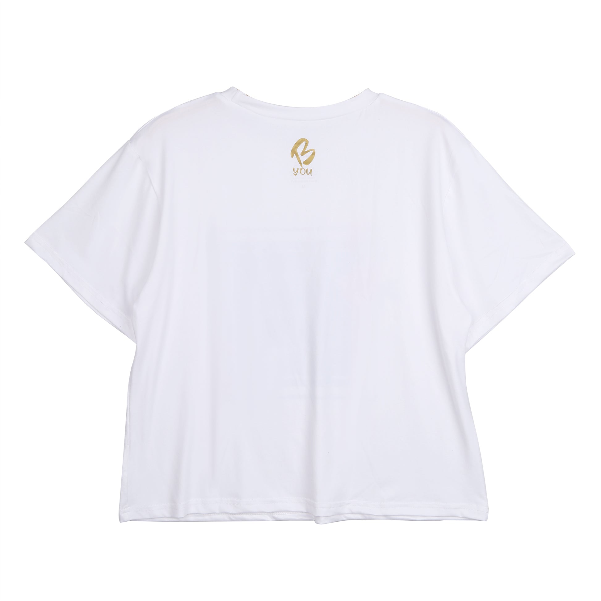 Soft Cropped White T Shirt for Girls. Tropical Print with B you Logo on a White Background. Activewear for Girls, Gymnastics wear, girls clothing, leotards. Girls Sports Clothing. B you Active, B you leotards, B you Swimwear.