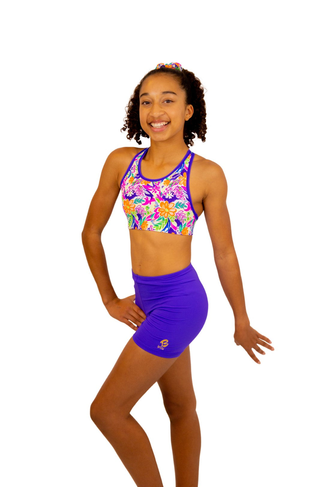 Tropical Sports Bra and Bikini Top for Girls with Racerback. Swimwear for girls, Activewear, Crop Top, Bikinis, Separates, Swimsuit, Swimwear, Togs, Swimming, Two Piece, Gymnastics Leotards, Sports Bra, Purple Straps
