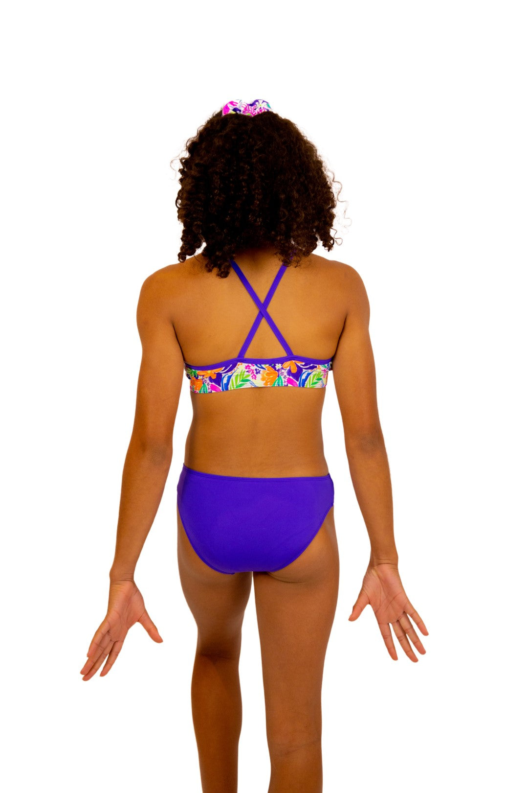 Tropical Sports Bra and Bikini Top for Girls with Thin Straps and Cross Back. Swimwear for girls, Activewear, Crop Top, Bikinis, Separates, Swimsuit, Swimwear, Togs, Swimming, Two Piece, Gymnastics Leotards, Sports Bra, Purple Straps