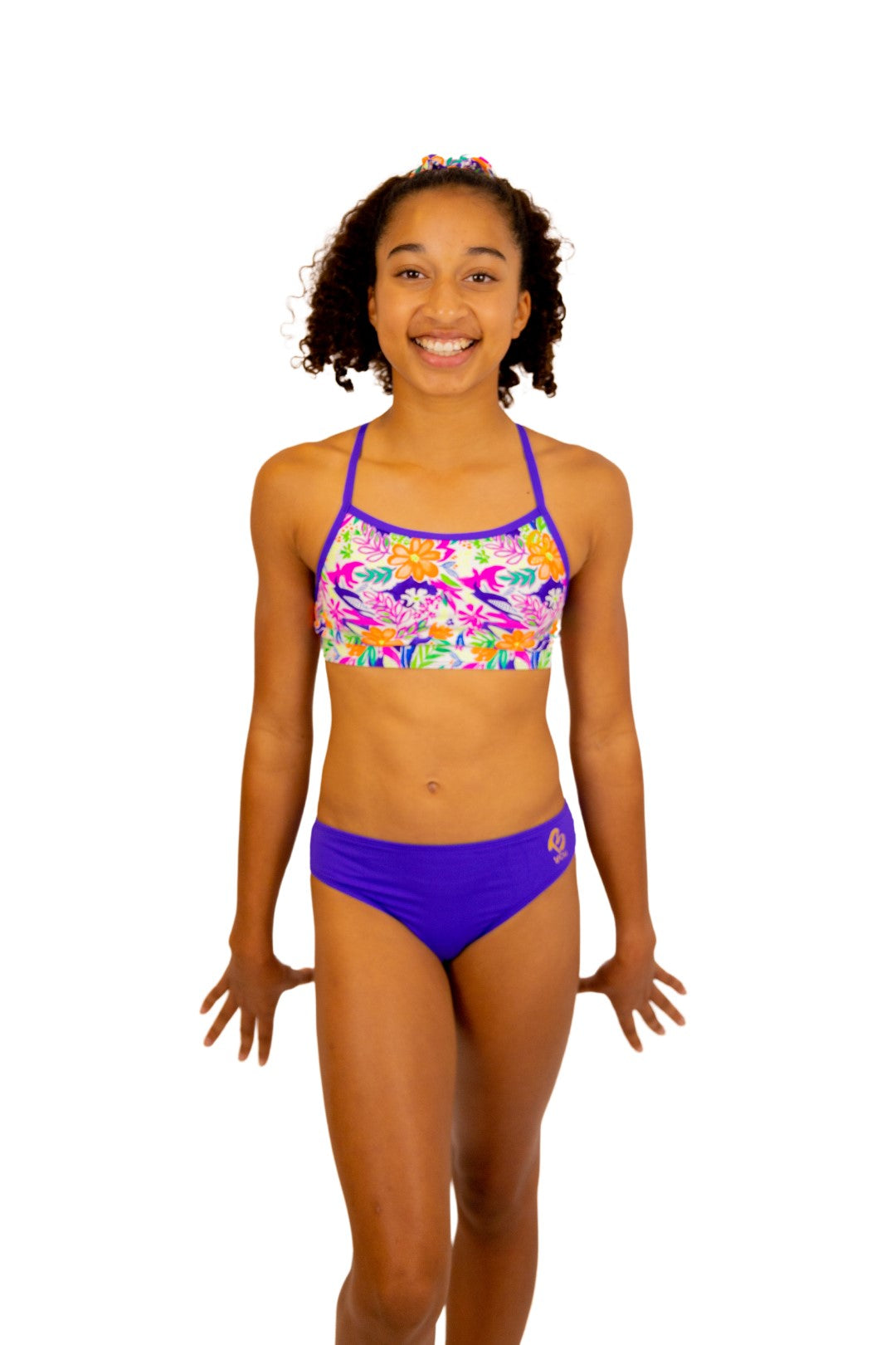Tropical Sports Bra and Bikini Top for Girls with Thin Straps and Cross Back. Swimwear for girls, Activewear, Crop Top, Bikinis, Separates, Swimsuit, Swimwear, Togs, Swimming, Two Piece, Gymnastics Leotards, Sports Bra, Purple Straps