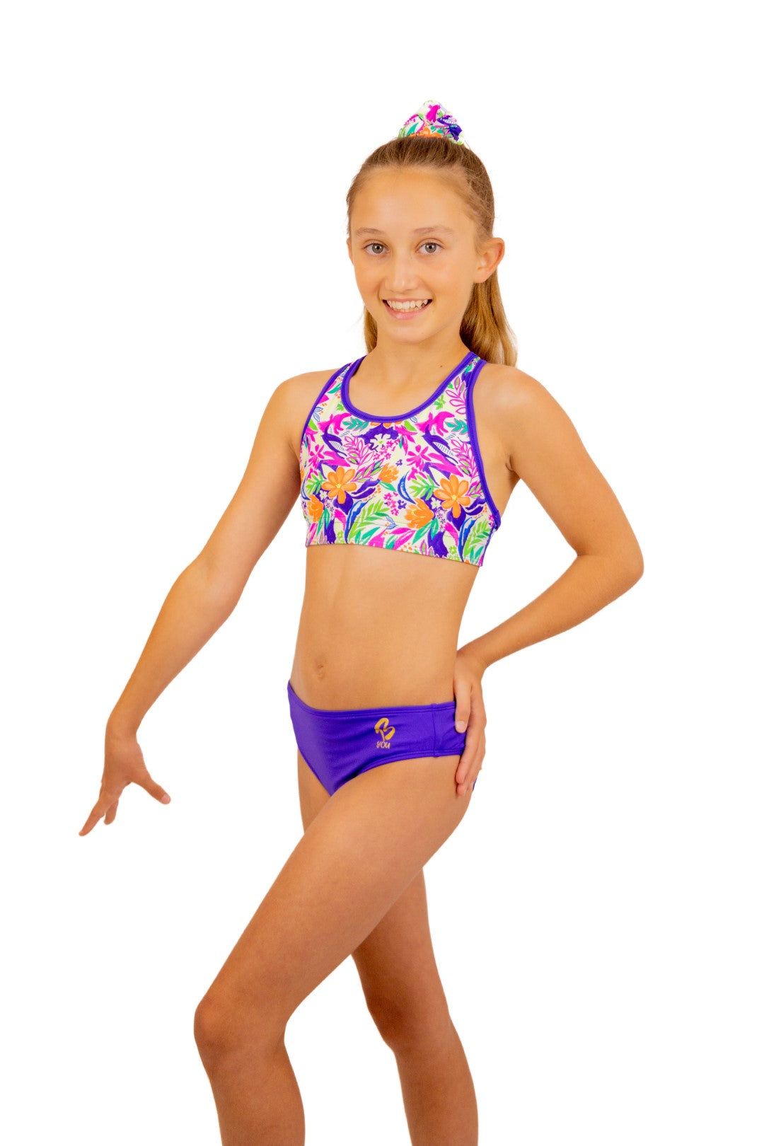 Tropical Sports Bra and Bikini Top for Girls with Racerback. Swimwear for girls, Activewear, Crop Top, Bikinis, Separates, Swimsuit, Swimwear, Togs, Swimming, Two Piece, Gymnastics Leotards, Sports Bra, Purple Straps