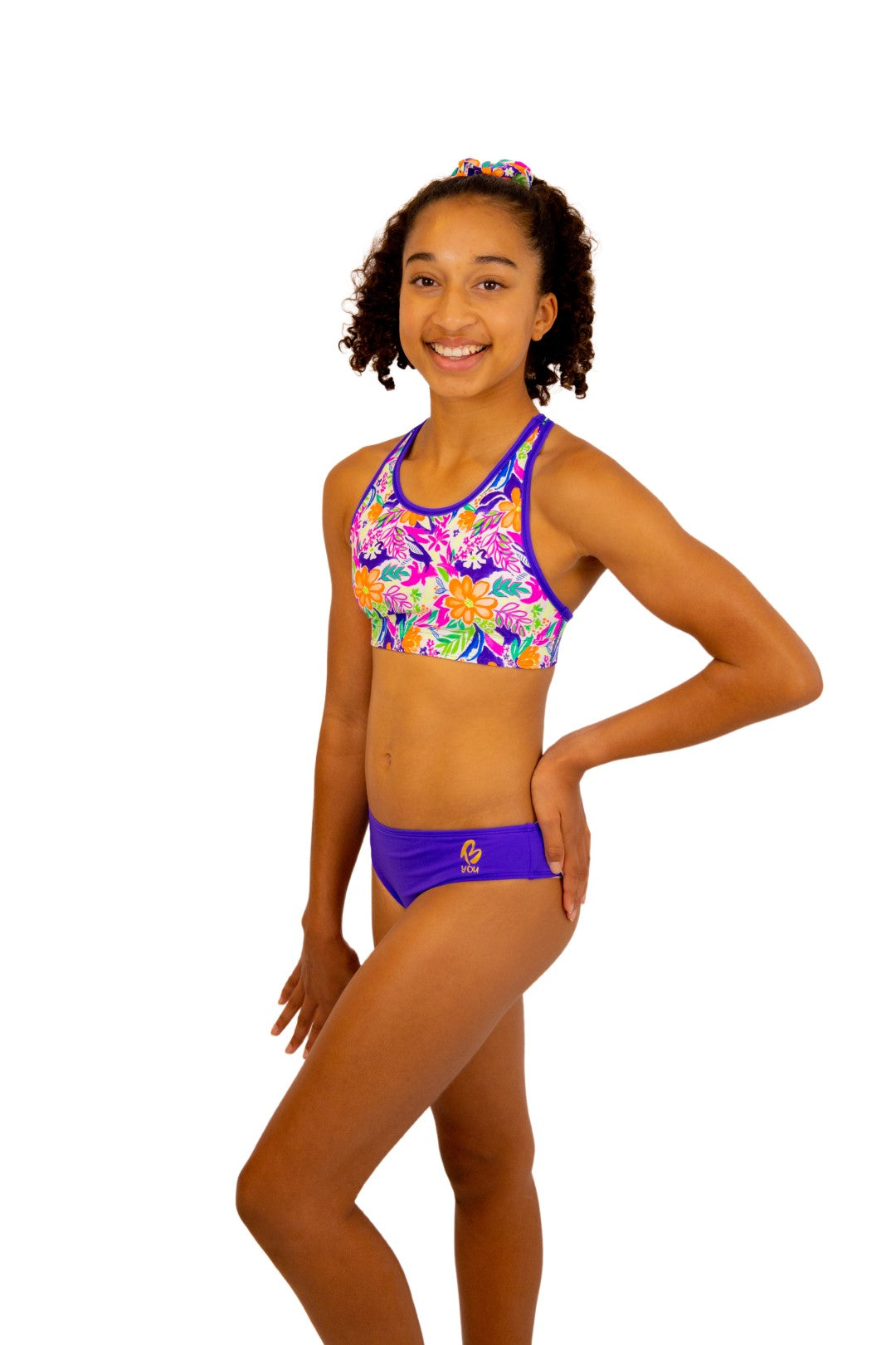 Tropical Sports Bra and Bikini Top for Girls with Racerback. Swimwear for girls, Activewear, Crop Top, Bikinis, Separates, Swimsuit, Swimwear, Togs, Swimming, Two Piece, Gymnastics Leotards, Sports Bra, Purple Straps