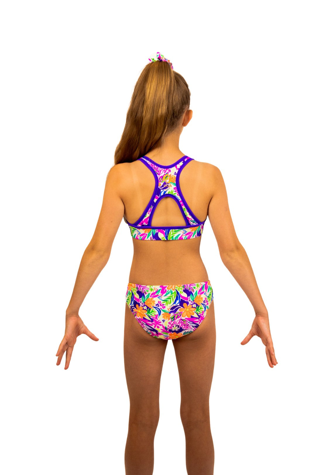 Tropical Sports Bra and Bikini Top for Girls with Racerback. Swimwear for girls, Activewear, Crop Top, Bikinis, Separates, Swimsuit, Swimwear, Togs, Swimming, Two Piece, Gymnastics Leotards, Sports Bra, Purple Straps