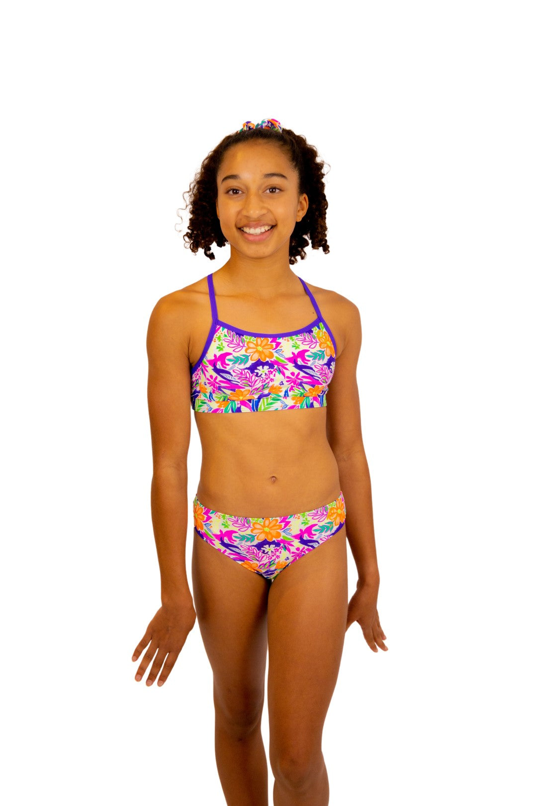 Tropical Sports Bra and Bikini Top for Girls with Thin Straps and Cross Back. Swimwear for girls, Activewear, Crop Top, Bikinis, Separates, Swimsuit, Swimwear, Togs, Swimming, Two Piece, Gymnastics Leotards, Sports Bra, Purple Straps