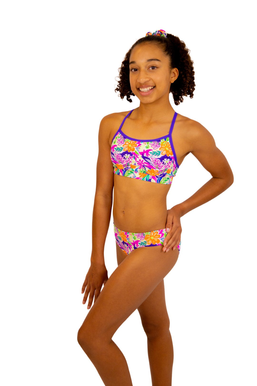 Tropical Sports Bra and Bikini Top for Girls with Thin Straps and Cross Back. Swimwear for girls, Activewear, Crop Top, Bikinis, Separates, Swimsuit, Swimwear, Togs, Swimming, Two Piece, Gymnastics Leotards, Sports Bra, Purple Straps
