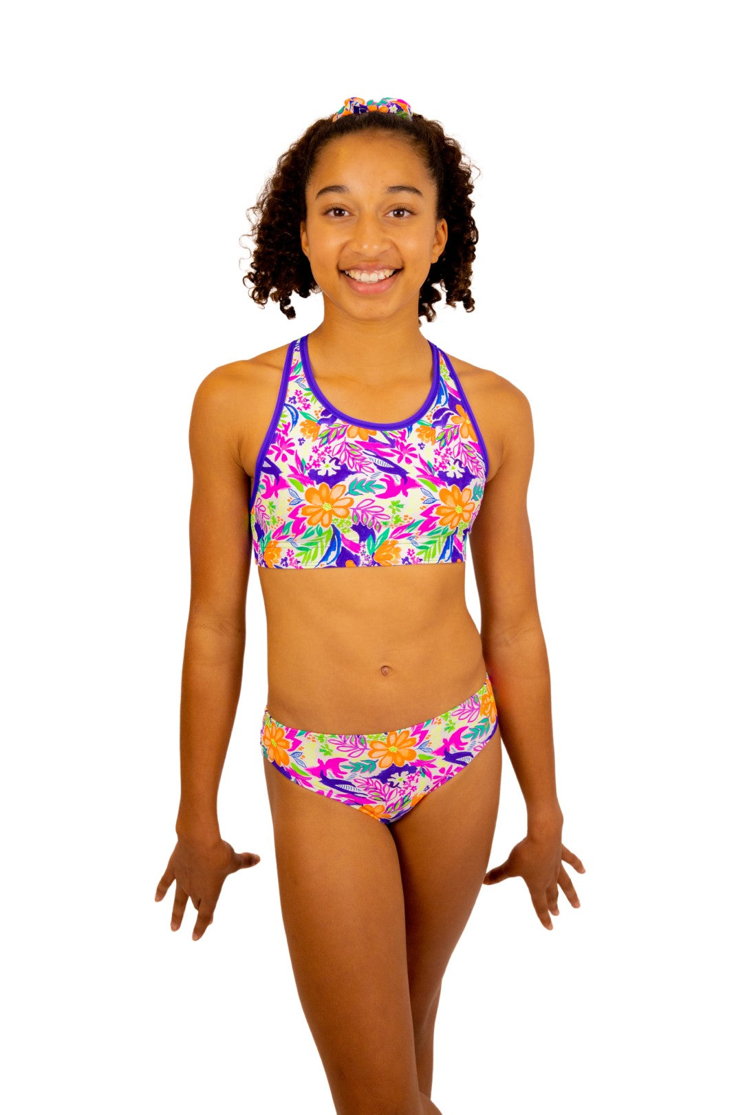 Tropical Sports Bra and Bikini Top for Girls with Racerback. Swimwear for girls, Activewear, Crop Top, Bikinis, Separates, Swimsuit, Swimwear, Togs, Swimming, Two Piece, Gymnastics Leotards, Sports Bra, Purple Straps