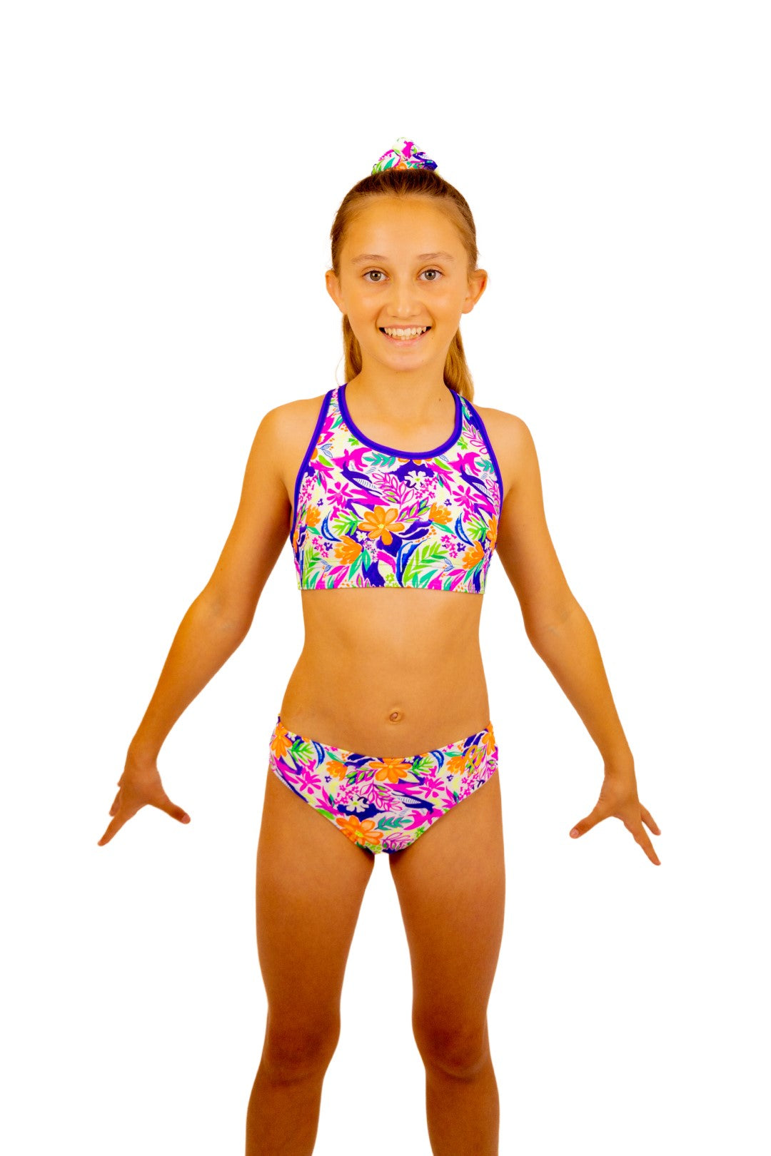 Tropical Sports Bra and Bikini Top for Girls with Racerback. Swimwear for girls, Activewear, Crop Top, Bikinis, Separates, Swimsuit, Swimwear, Togs, Swimming, Two Piece, Gymnastics Leotards, Sports Bra, Purple Straps