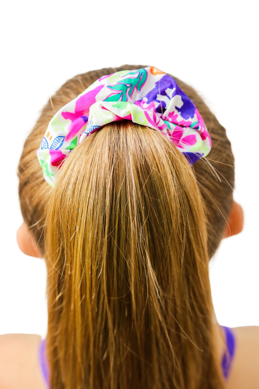 Tropical Scrunchie in fluorescent print. B you active. B you leotards. B you swimwear. Girls Swimwear. Bikinis. Kids clothing. Girls Activewear, Gymnastics Wear, 2 piece crop top sets. Leotards, Dancewear, Sporty Girls