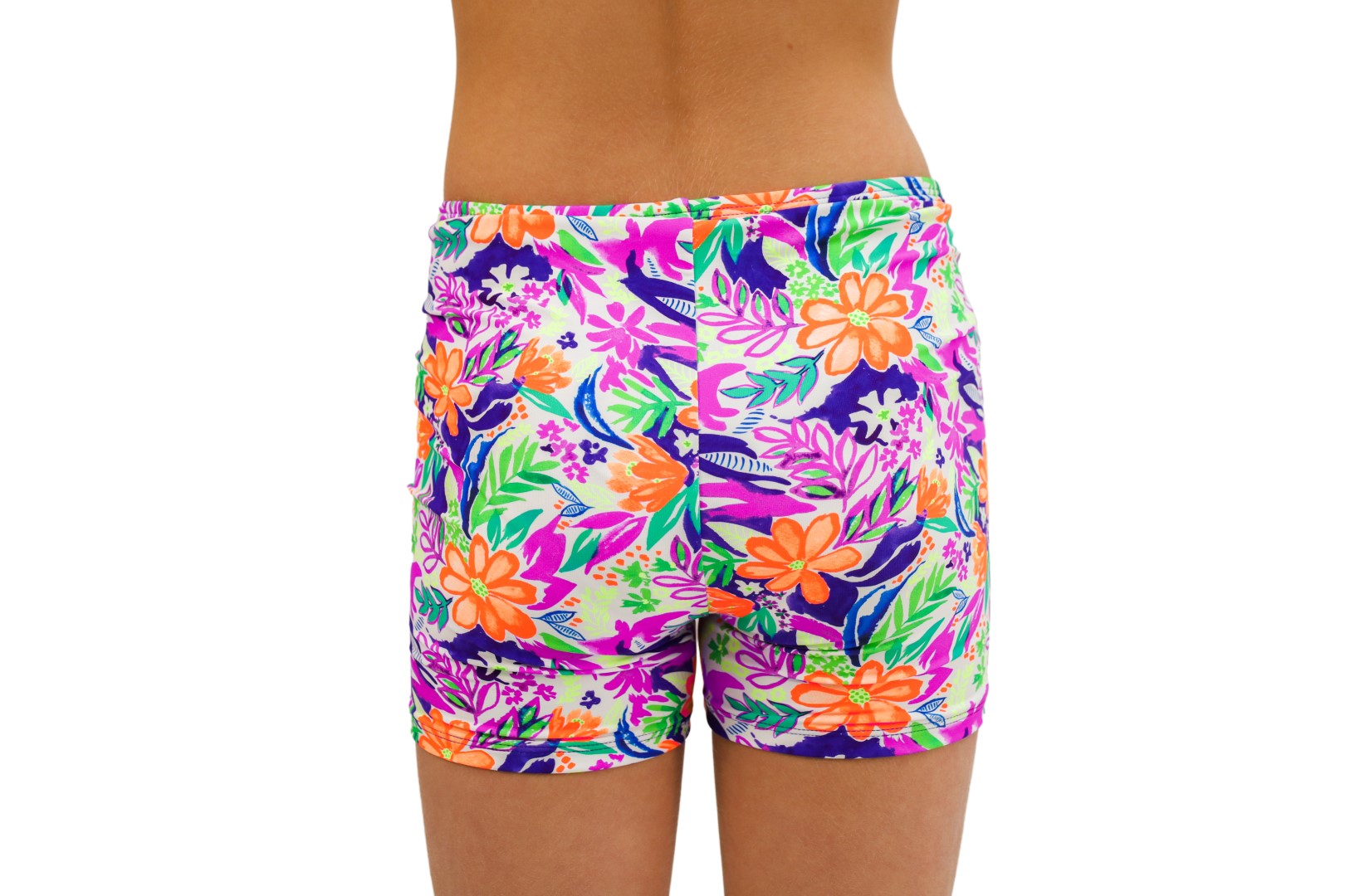 Tropical print Bike Pants or Bike Shorts. Fluorescent flowers, purple, orange, green. Gymnastics leotards, Two Piece Set, Crop Top set, Dancewear, Sports Bra, Gym Shorts, Booty Shorts. Activewear for Girls, Swimwear for Girls. B you Active, B you Leotards, B you Swimwear.
