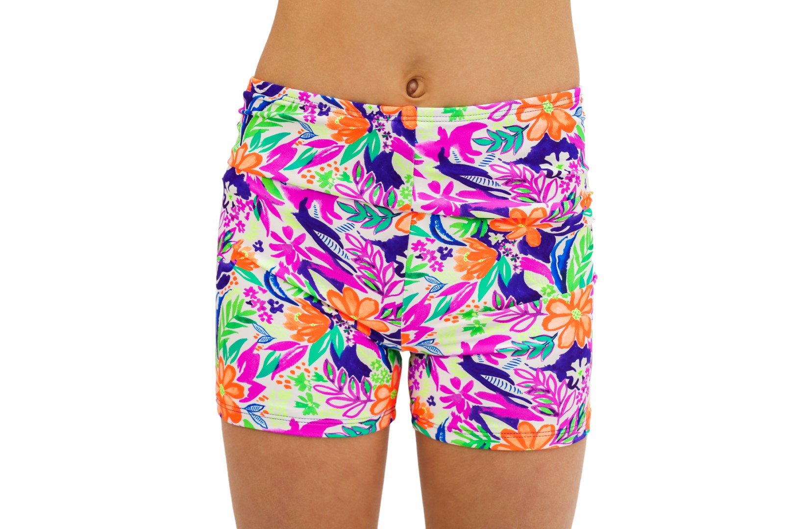 Tropical print Bike Pants or Bike Shorts. Fluorescent flowers, purple, orange, green. Gymnastics leotards, Two Piece Set, Crop Top set, Dancewear, Sports Bra, Gym Shorts, Booty Shorts. Activewear for Girls, Swimwear for Girls. B you Active, B you Leotards, B you Swimwear.