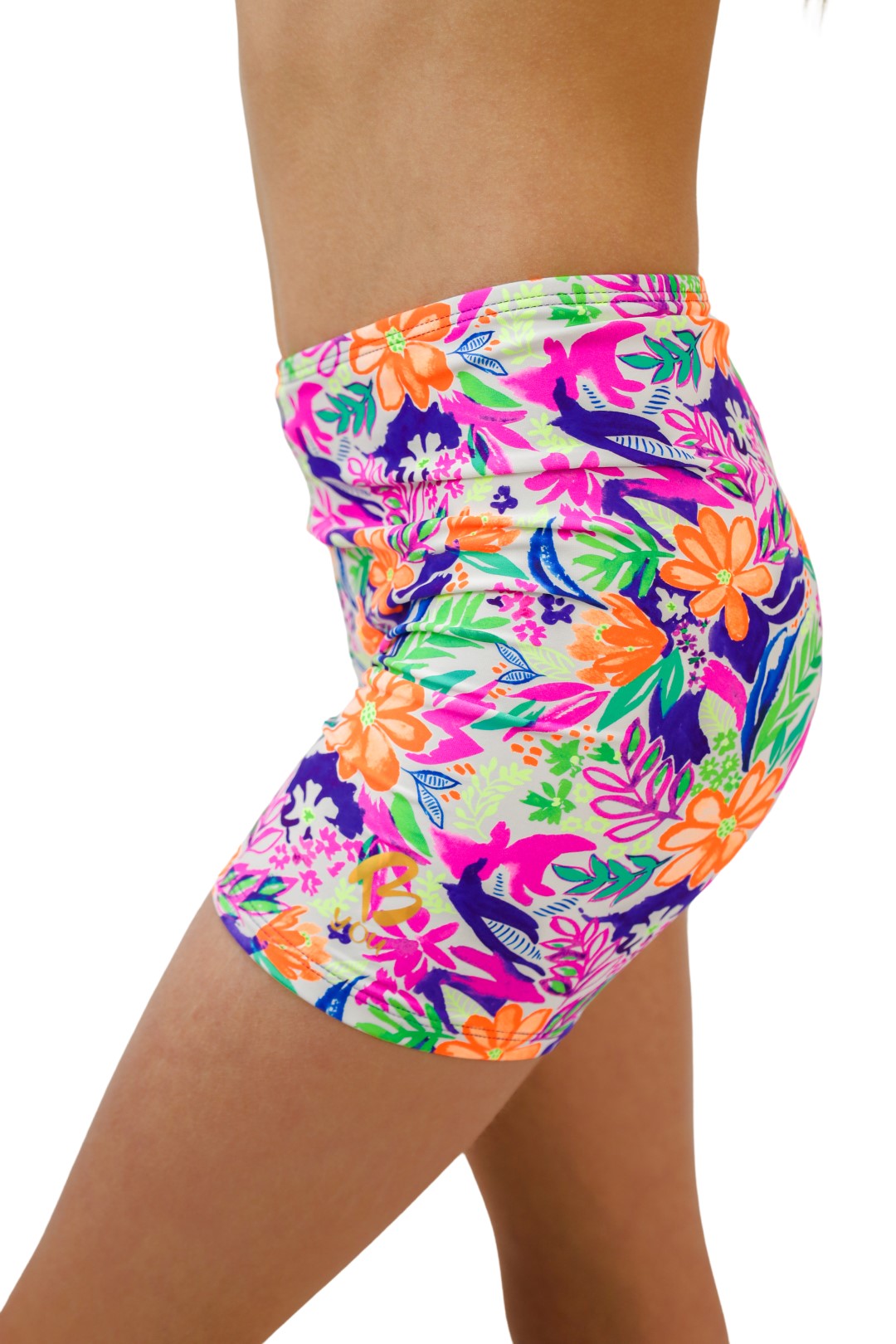 Tropical print Bike Pants or Bike Shorts. Fluorescent flowers, purple, orange, green. Gymnastics leotards, Two Piece Set, Crop Top set, Dancewear, Sports Bra, Gym Shorts, Booty Shorts. Activewear for Girls, Swimwear for Girls. B you Active, B you Leotards, B you Swimwear.