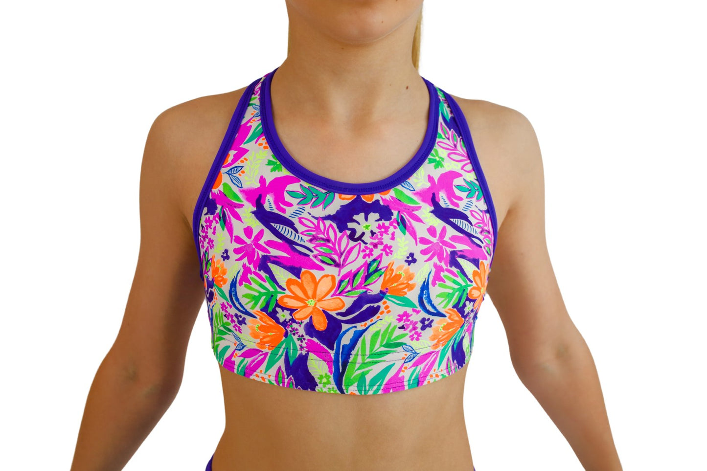 Tropical Sports Bra and Bikini Top for Girls with Racerback. Swimwear for girls, Activewear, Crop Top, Bikinis, Separates, Swimsuit, Swimwear, Togs, Swimming, Two Piece, Gymnastics Leotards, Sports Bra, Purple Straps