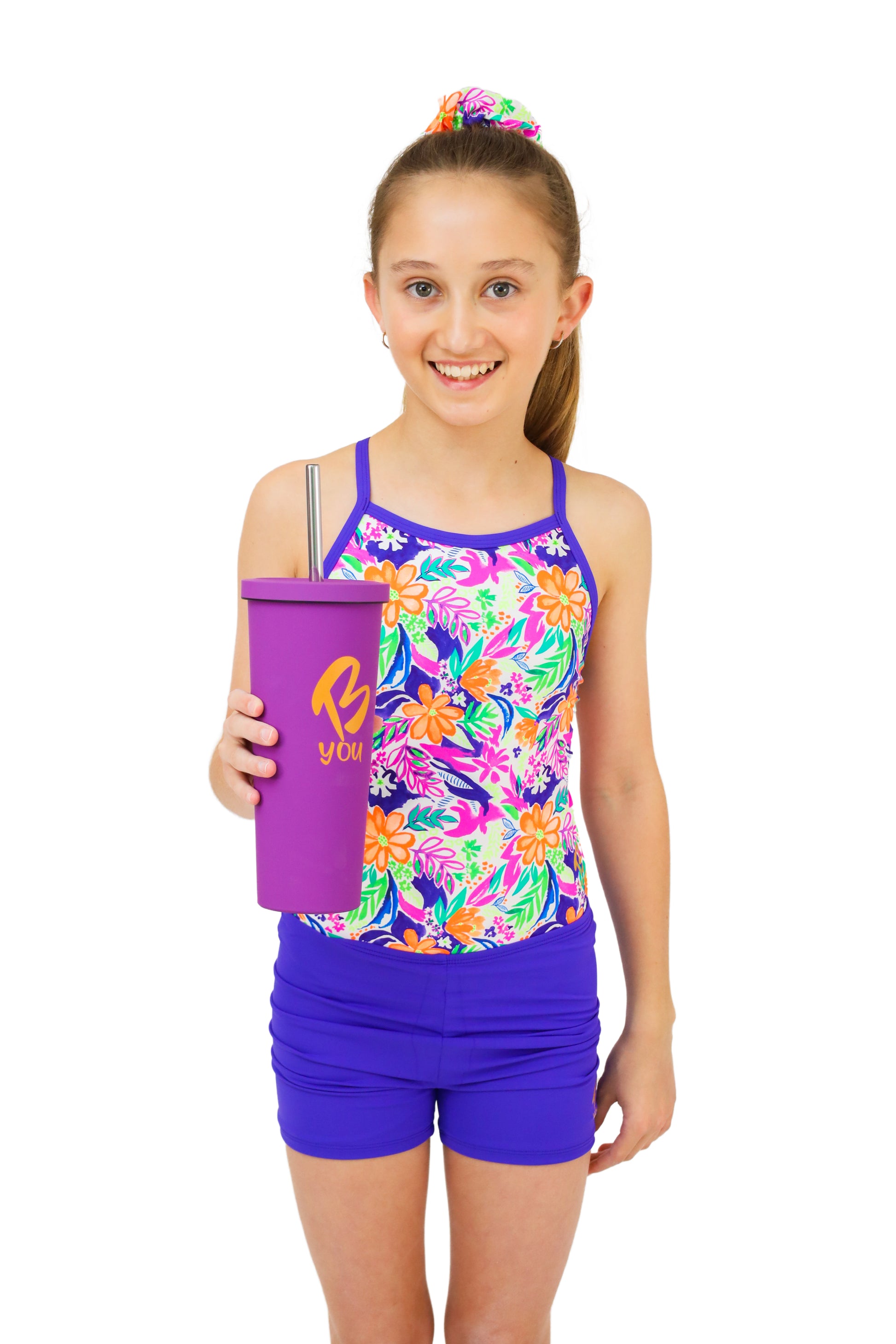 Purple Drink Bottle. Double Walled, Stainless Steel Drink Bottle with Stainless Steel Straw. Keeps Liquid Hot and Cold For 12 Hours. Girls Activewear. B you active, B you leotards, Gymnastics, Swimwear for Girls, Activewear for girls. Sporty Girls Christmas Gift.