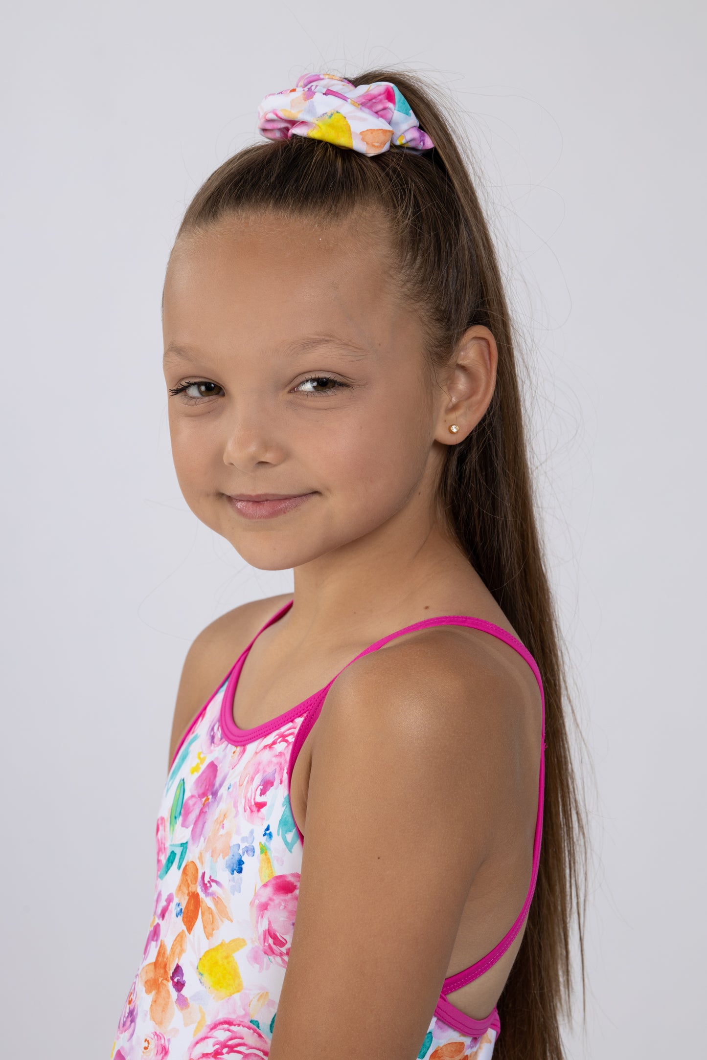 Watercolour Rainbow Roses and Flowers Fuschia straps Bright Pastel Pink yellow orange Wild Rose Strappy White Gymnastics Leotard Australia USA UK NZ Dancing Cross Back Straps Dancewear