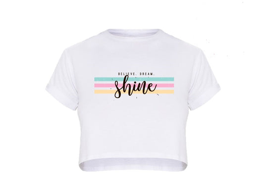 White Cropped T shirt Tee with rainbow Believe Dream Shine stripes Gymnastics Leotard Australia, USA, UK, NZ