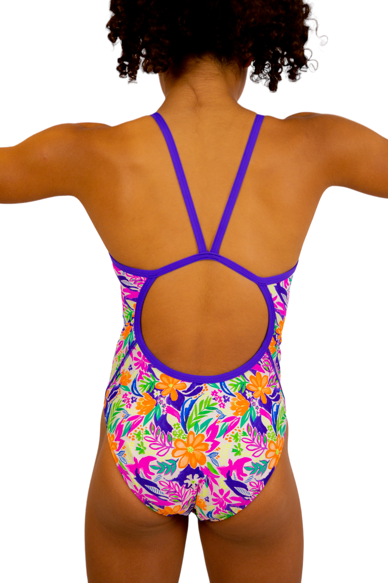 Bright Coloured Tropical Print One Piece Leotard or Swimsuit for Girls. Gymnastics Leotard, Girls Swimwear, Strappy Back, Racer Back, Tank Style, Thin Straps all Available. Fluorescent Purple, green, Yellow, Orange Flowers. Matching Scrunchie and Bike Shorts. B you Active, B you Leotards, B you Swimwear.