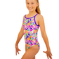 Bright Coloured Tropical Print One Piece Leotard or Swimsuit for Girls. Gymnastics Leotard, Girls Swimwear, Strappy Back, Racer Back, Tank Style, Thin Straps all Available. Fluorescent Purple, green, Yellow, Orange Flowers. Matching Scrunchie and Bike Shorts. B you Active, B you Leotards, B you Swimwear.