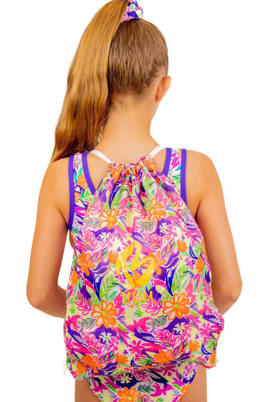 Tropical Print Drawstring Waterproof Bag for Girls. Matching Swimwear and Swimsuit available. B you Active, B you Swimwear, B you leotards, Girls Activewear